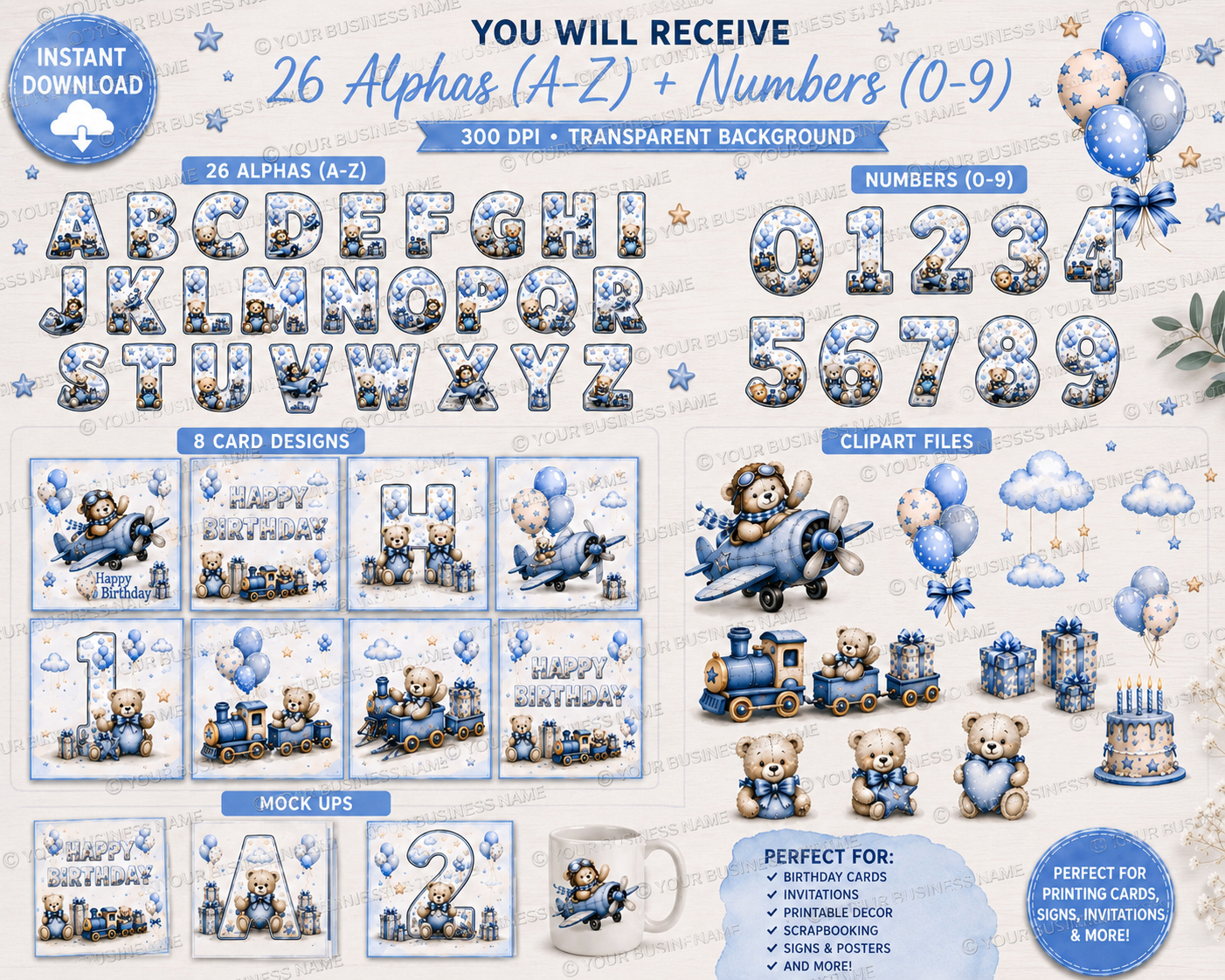 50 Teddy Bear Birthday PNG Bundle | Boys Birthday Card Designs | A–Z Alphabet | Numbers 0–9 | Clipart | Mockups | 300 DPI | Digital Download