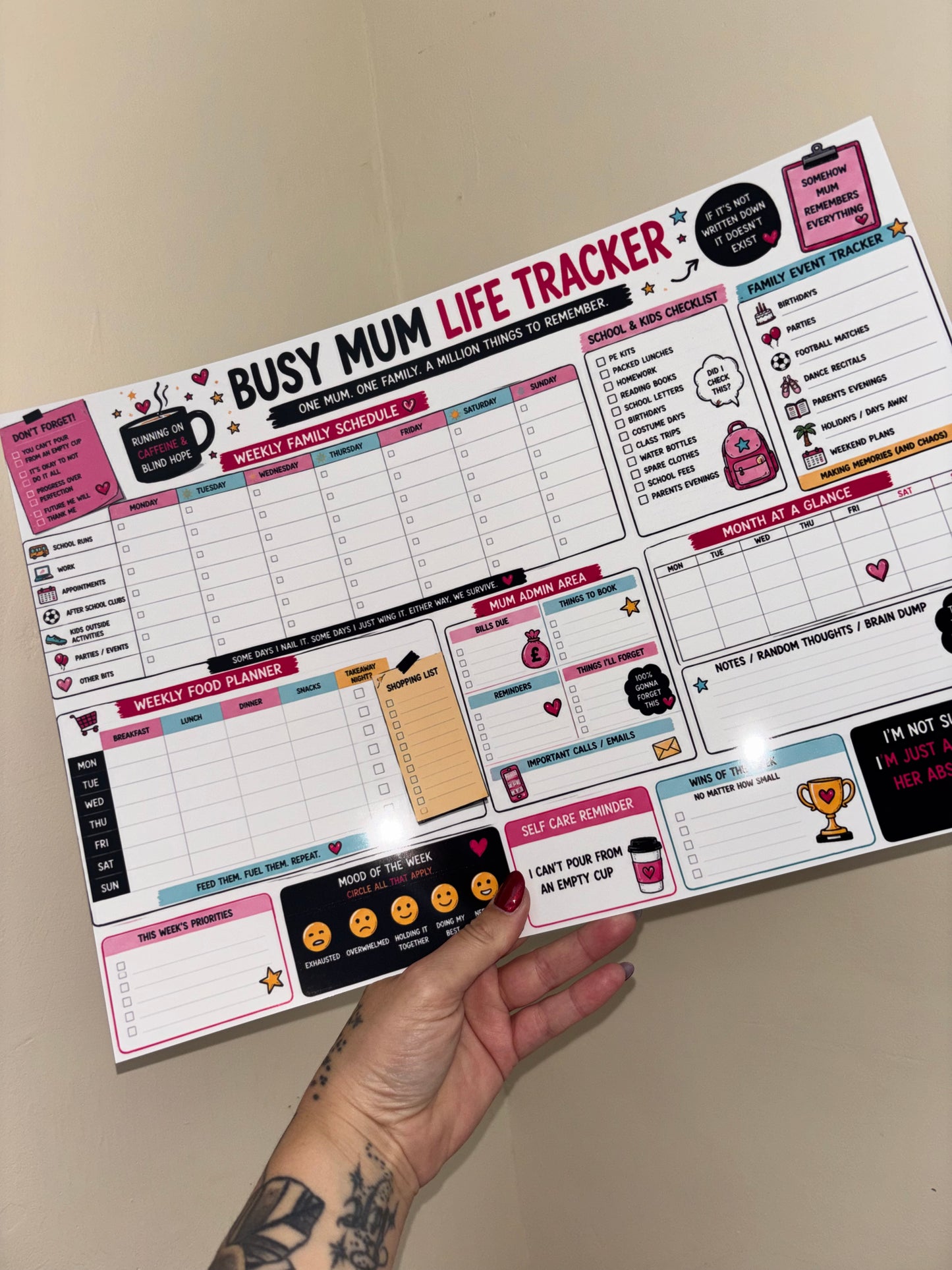 A3 Laminated Busy Mum Life Planner | Reusable Family Organiser Board | Weekly Meal & School Planner | Dry Wipe Mum Command Centre