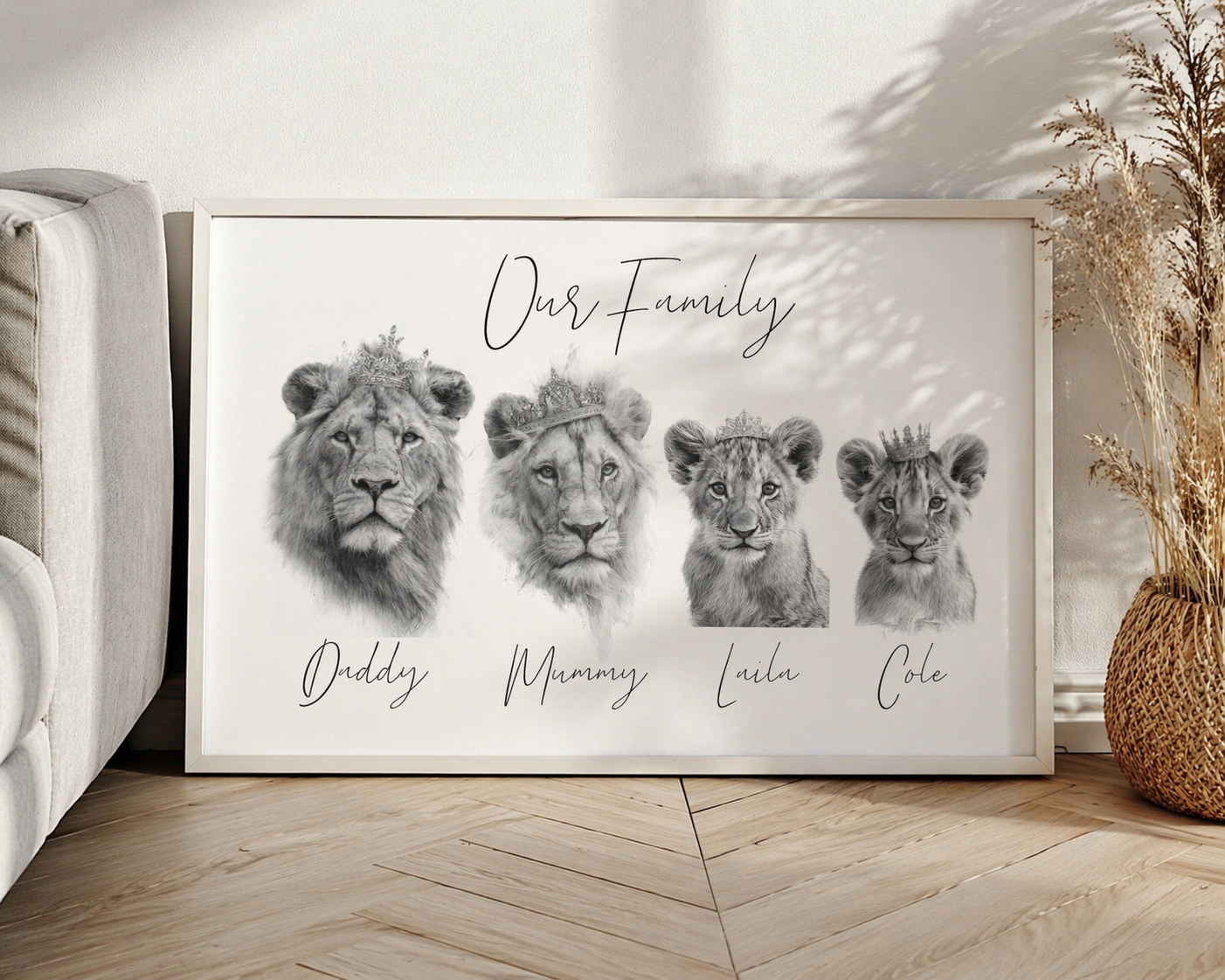 Personalised Lion Family Print A3 | Custom Family Portrait | Mum Dad Children Names Print | Minimalist Nursery Wall Art | Meaningful Family Gift UK