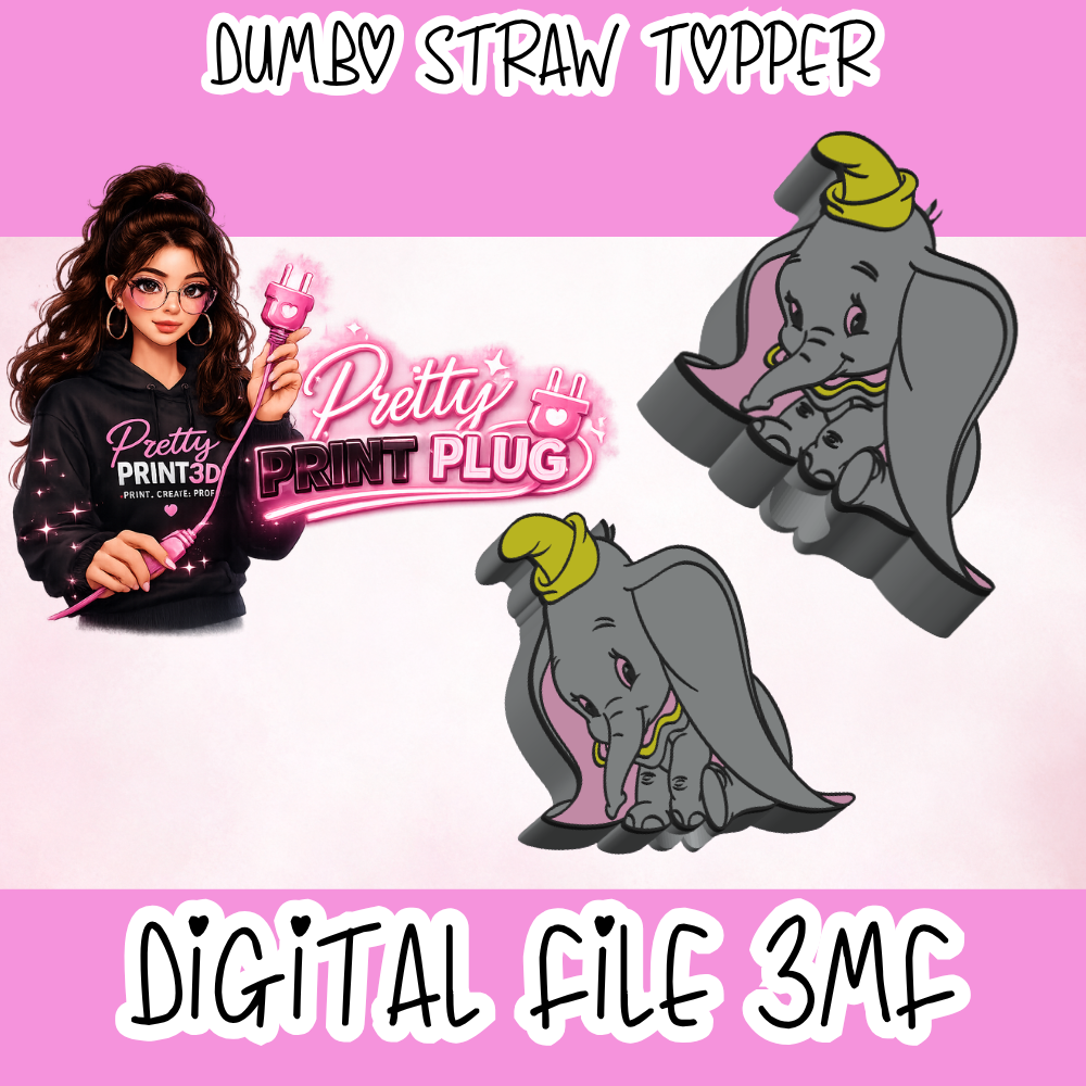 Dumbo Inspired Straw Topper STL File | Elephant Straw Charm 3MF Digital Download | Cup Accessory for Tumblers | 3D Print File