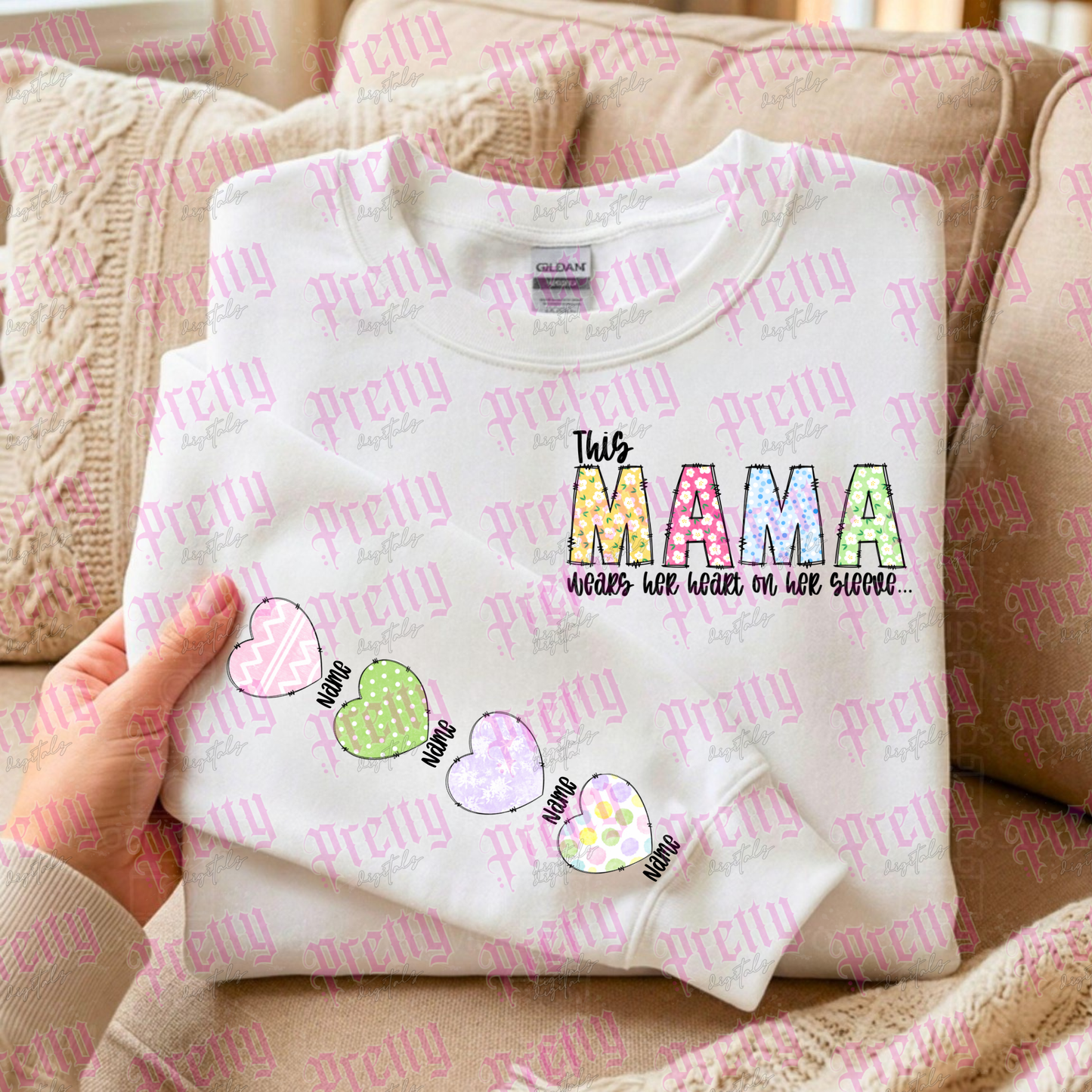 Mama Wears Her Heart on Her Sleeve PNG Bundle – Patchwork Mama Quote Design with 4 Personalised Hearts | Mother’s Day Sublimation & DTF Digital Download