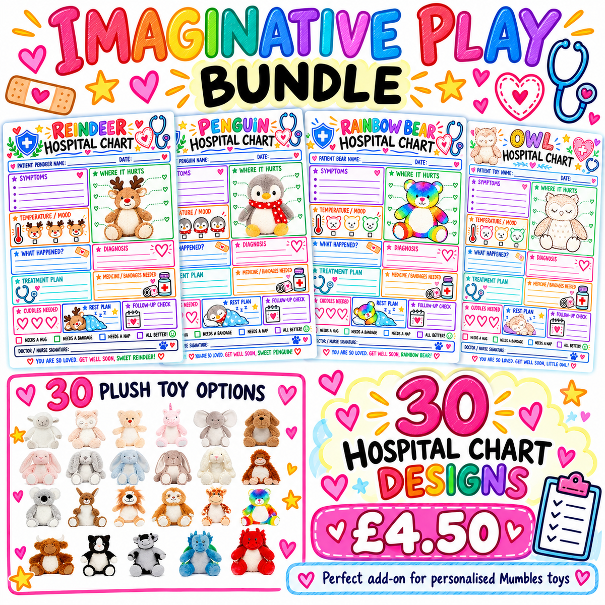 Imaginative Play Teddy Hospital Charts | 30 PNG Designs | Mumbles Toy Upsell Bundle | Digital Download