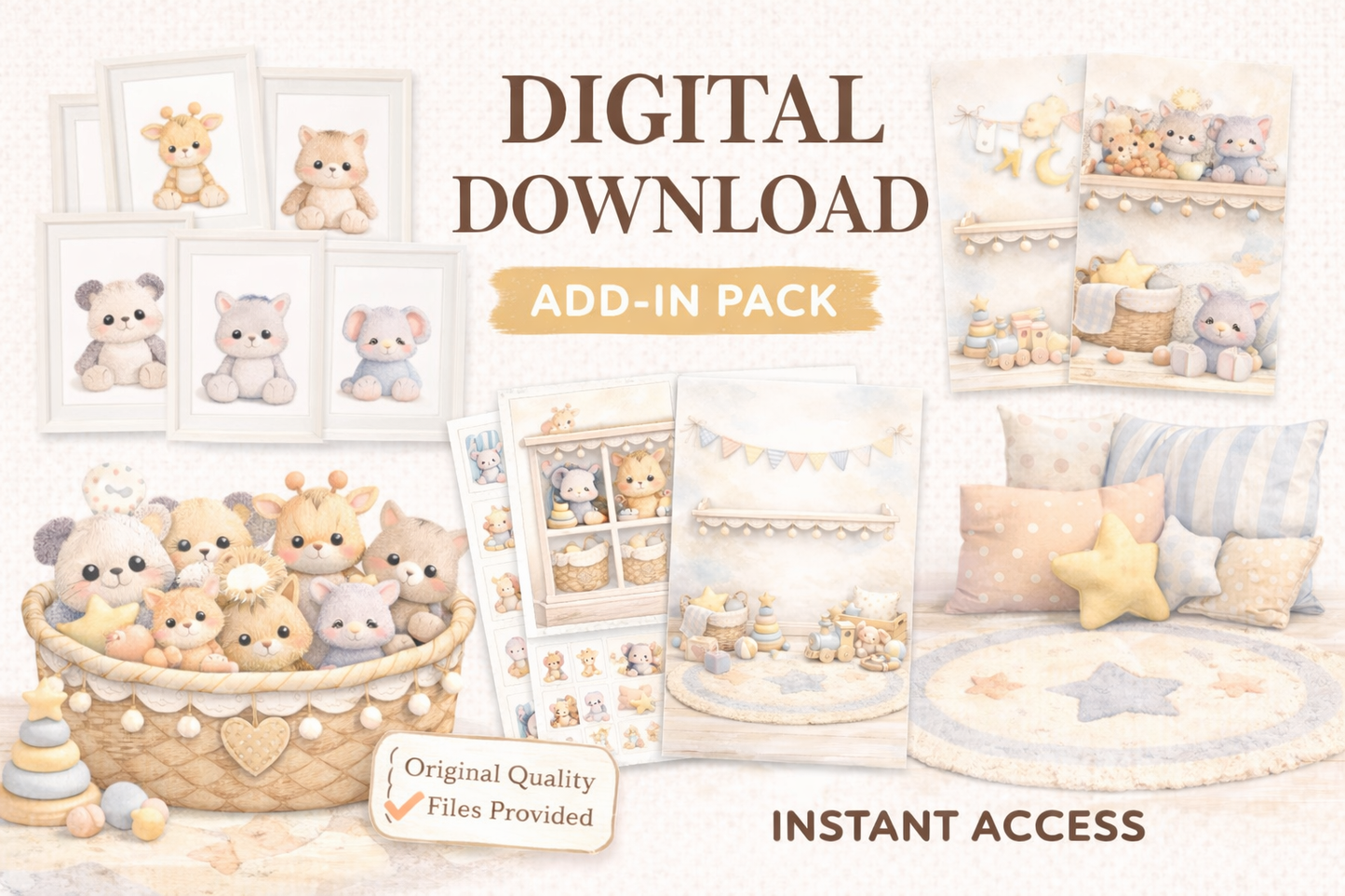 Plush Nursery Scene Builder Add-On Pack | Watercolour Backgrounds, Props & Decor PNG Bundle