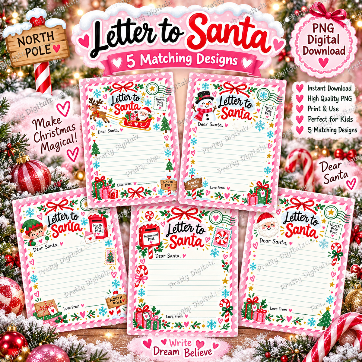 Letter to Santa PNG Bundle | 5 Matching Christmas Designs | Printable Digital Download