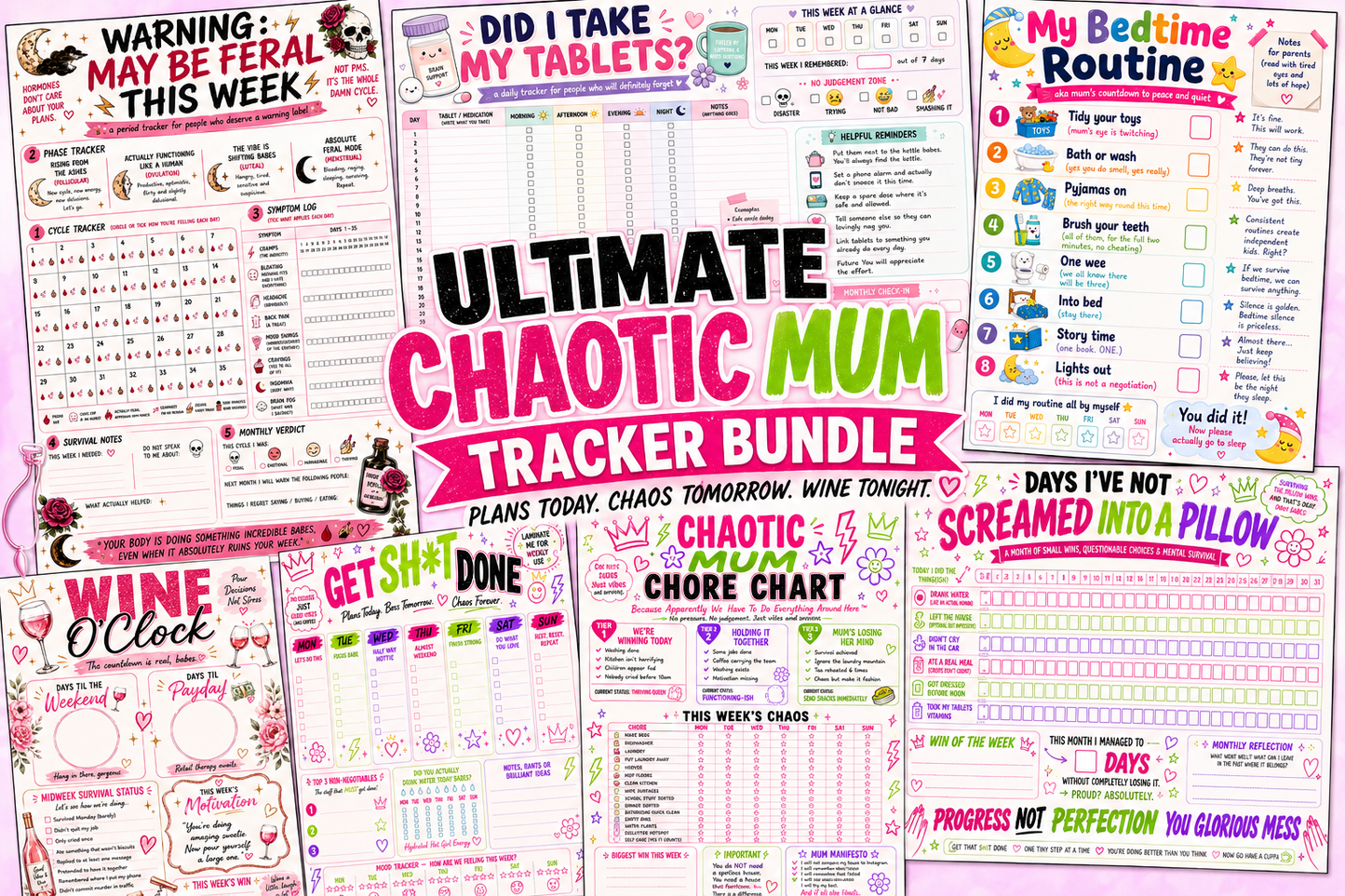 7 Chaotic Mum Printable Tracker Bundle | Funny ADHD Planner Pack | Weekly Planner, Chore Chart, Period Tracker & Self-Care Printables | Instant Download