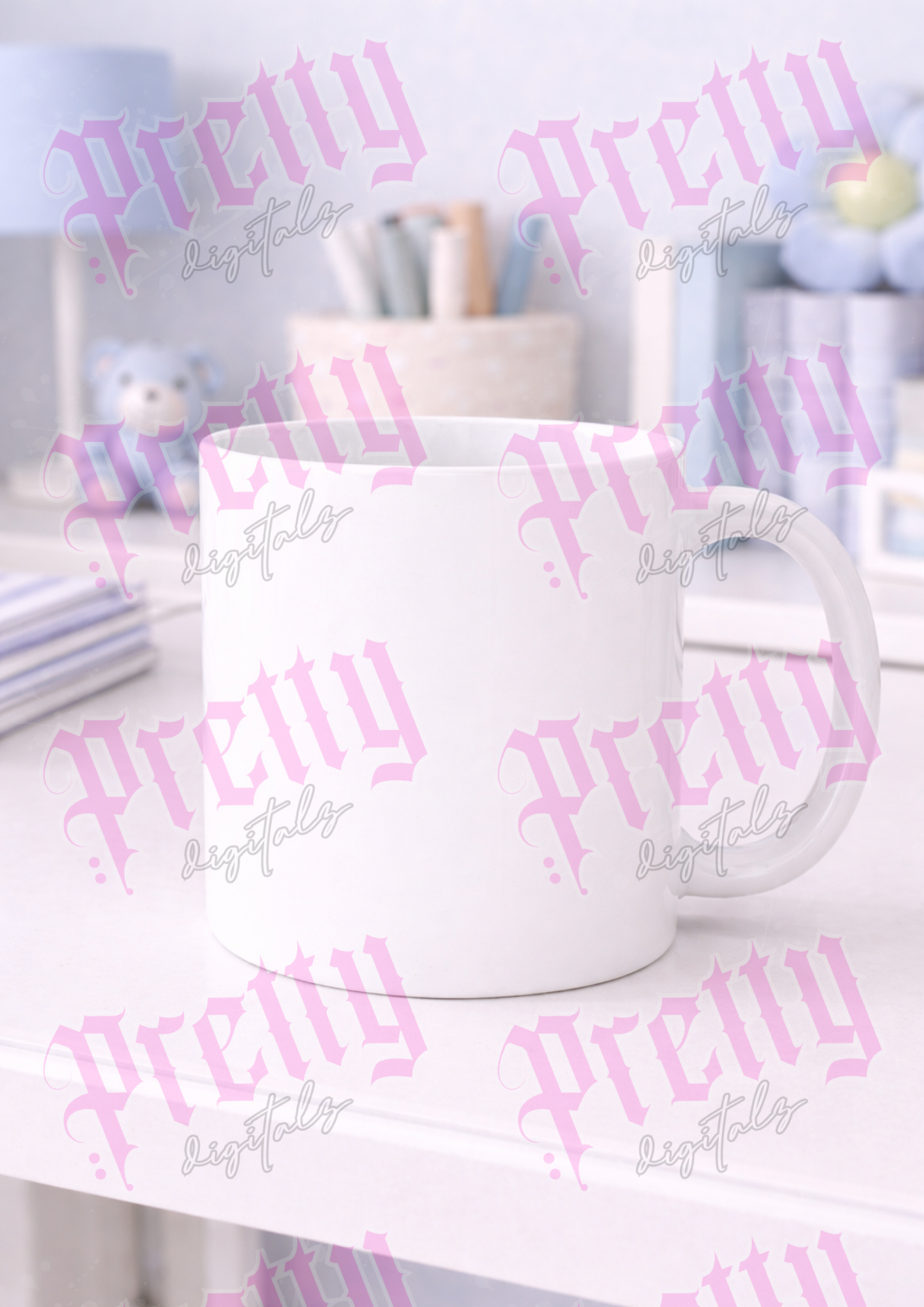 Blue Nursery Mockup Bundle – Cushion, T-Shirt, Mug & Frame Styled Product Display Set