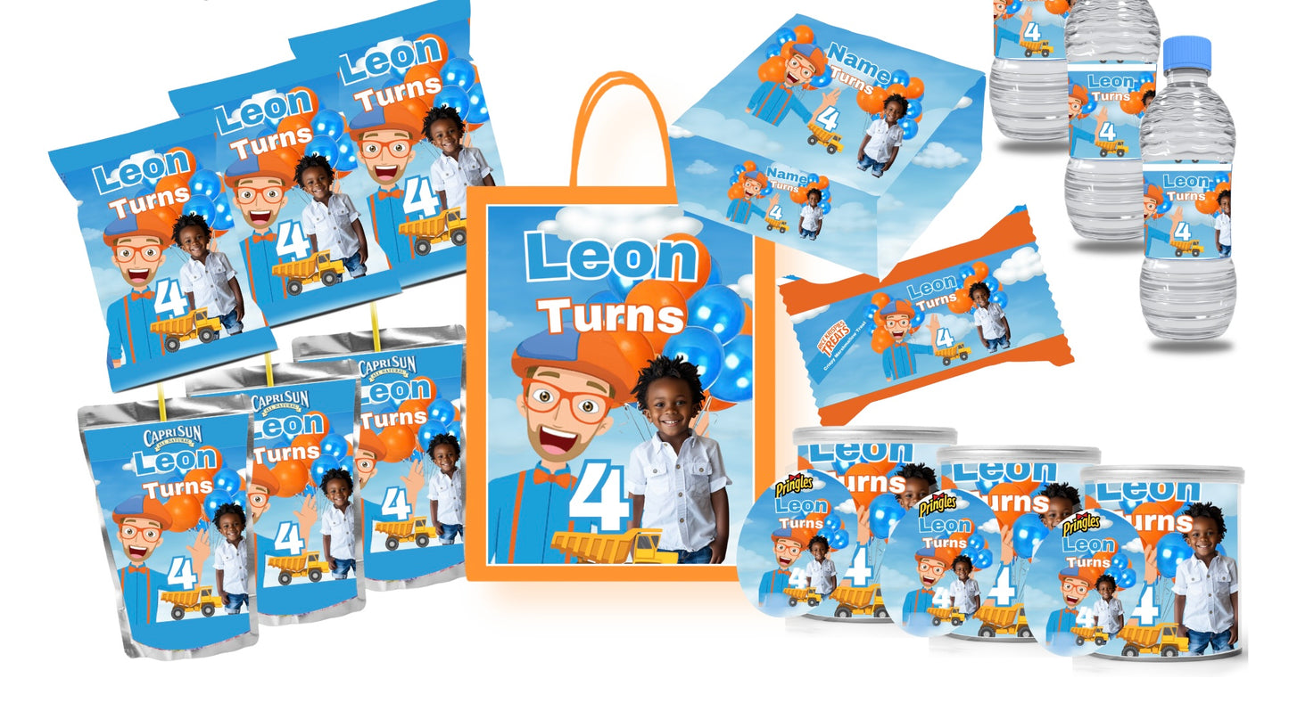 Blippi Inspired Personalised Party Pack Template | Editable Birthday Decorations Bundle | Chip Bags, Water Bottle Labels, Treat Wrappers, Capri Sun Labels & Party Favor Stickers | Instant Download