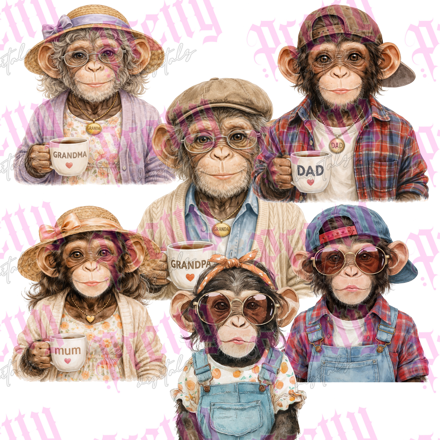 Monkey Family Clipart Set – 6 Cheeky Monkeys PNG | Family Portrait Creator Digital Download
