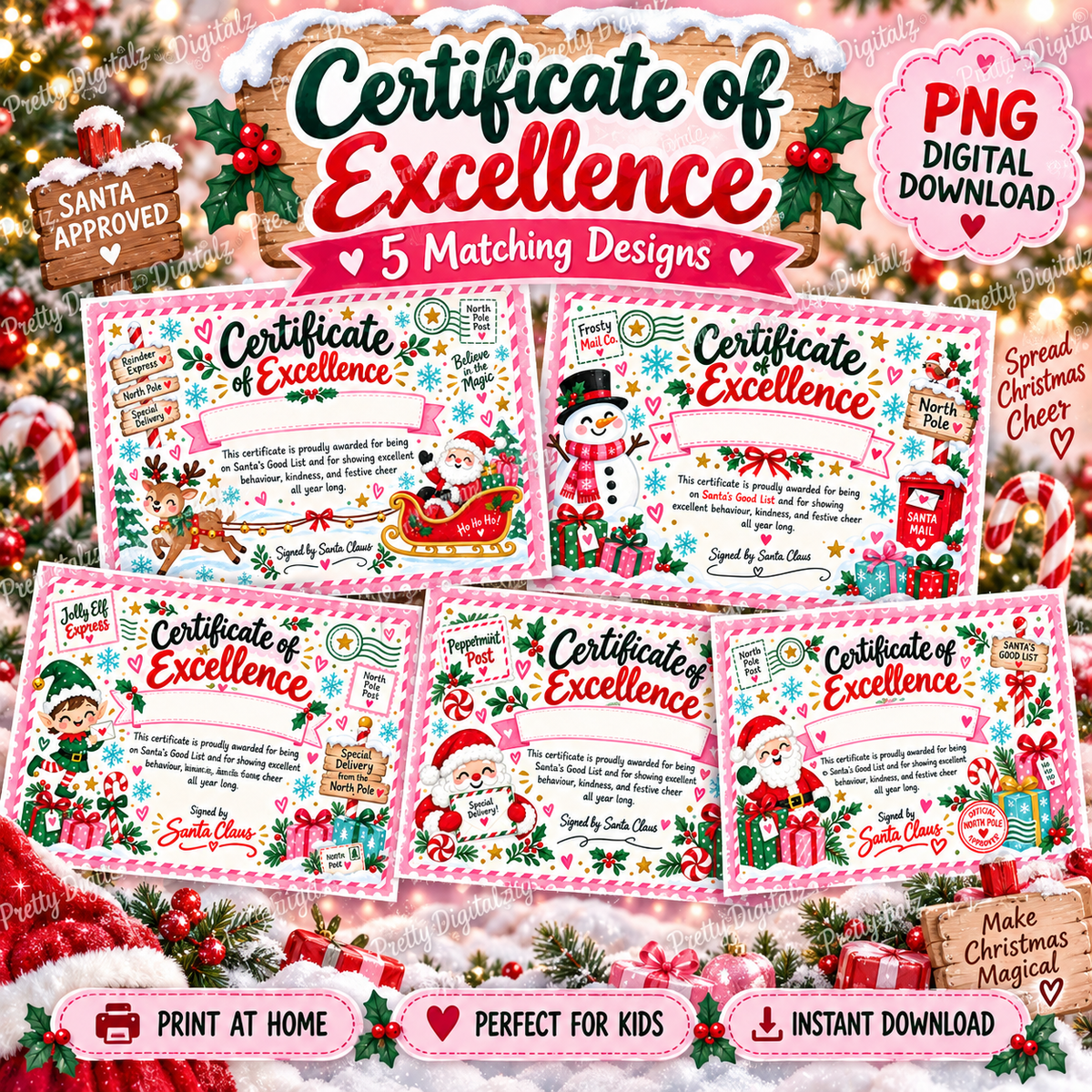 Certificate of Excellence PNG Bundle | 5 Santa Good List Certificates | Christmas Digital Download
