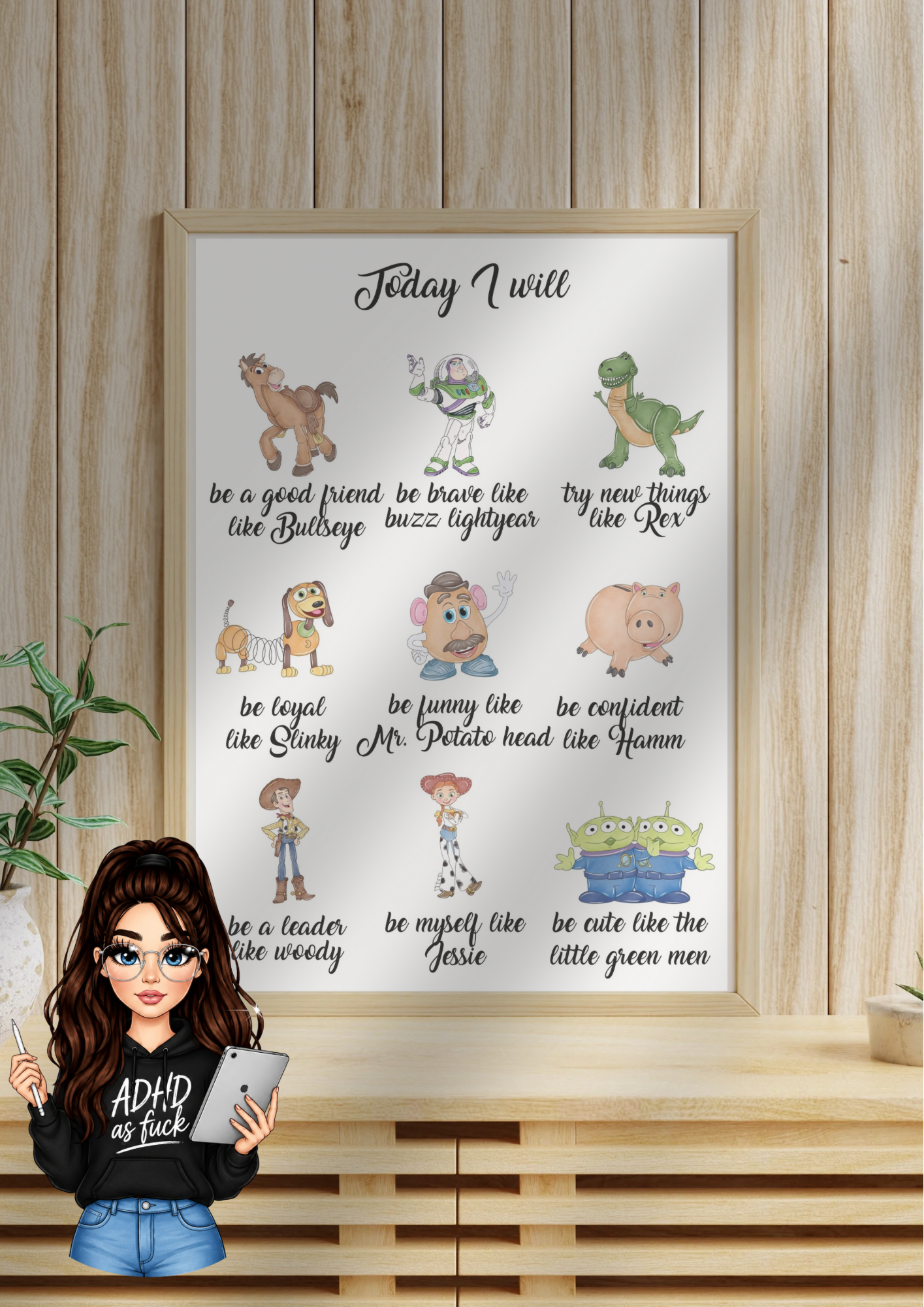 Toy Story Inspired Character Values Print | A4 Framed Children’s Bedroom Wall Art | Motivational Character Poster | White or Black Frame