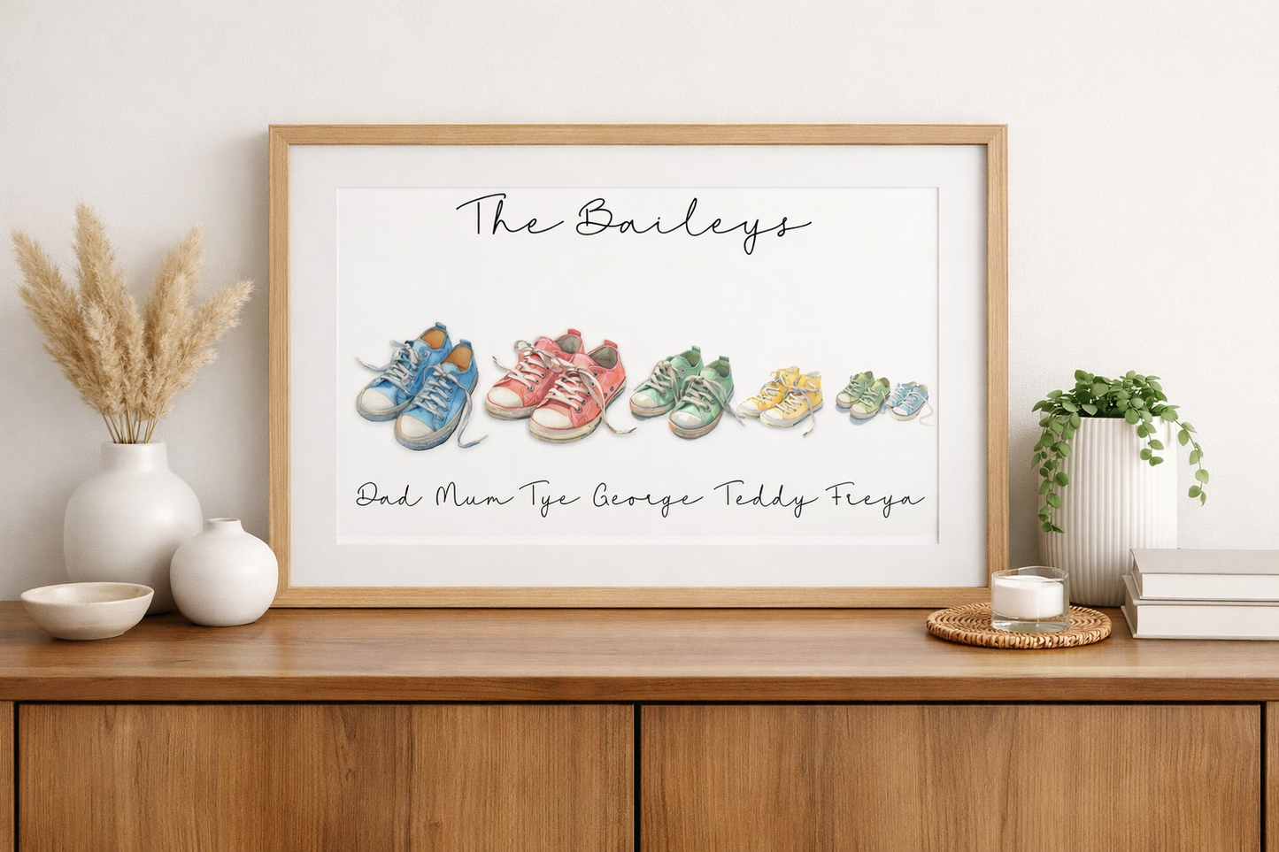 Personalised Family Canvas Pump Print Bundle – Set of 6 Watercolour Trainers | Custom Family Shoe Illustration PNG | Editable Family Wall Art