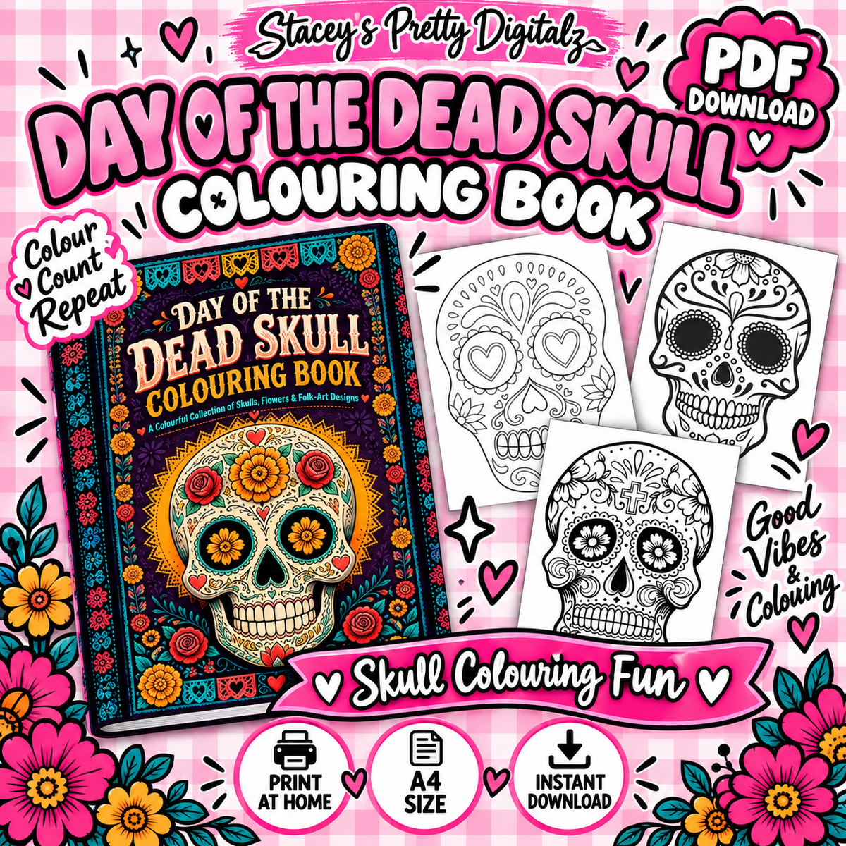Day of the Dead Skull Colouring Book | Sugar Skull Printable | A4 PDF Digital Download