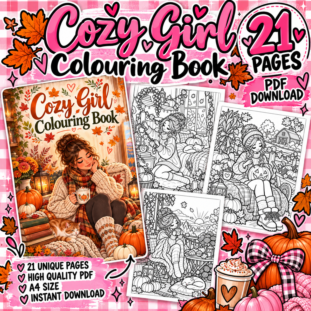 Cozy Girl Autumn Colouring Book | 21 Page A4 Printable PDF | Cosy Fall Colouring Pages | Digital Download