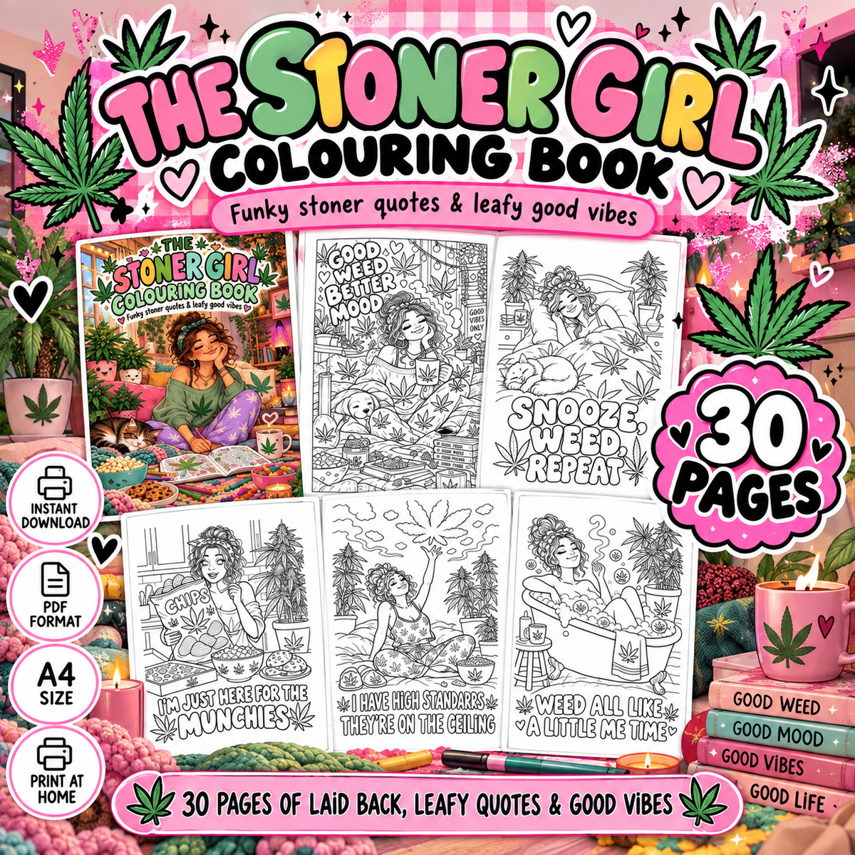 Stoner Girl Colouring Book | 30 Page Printable PDF | Funny Adult Colouring Pages | Instant Digital Download