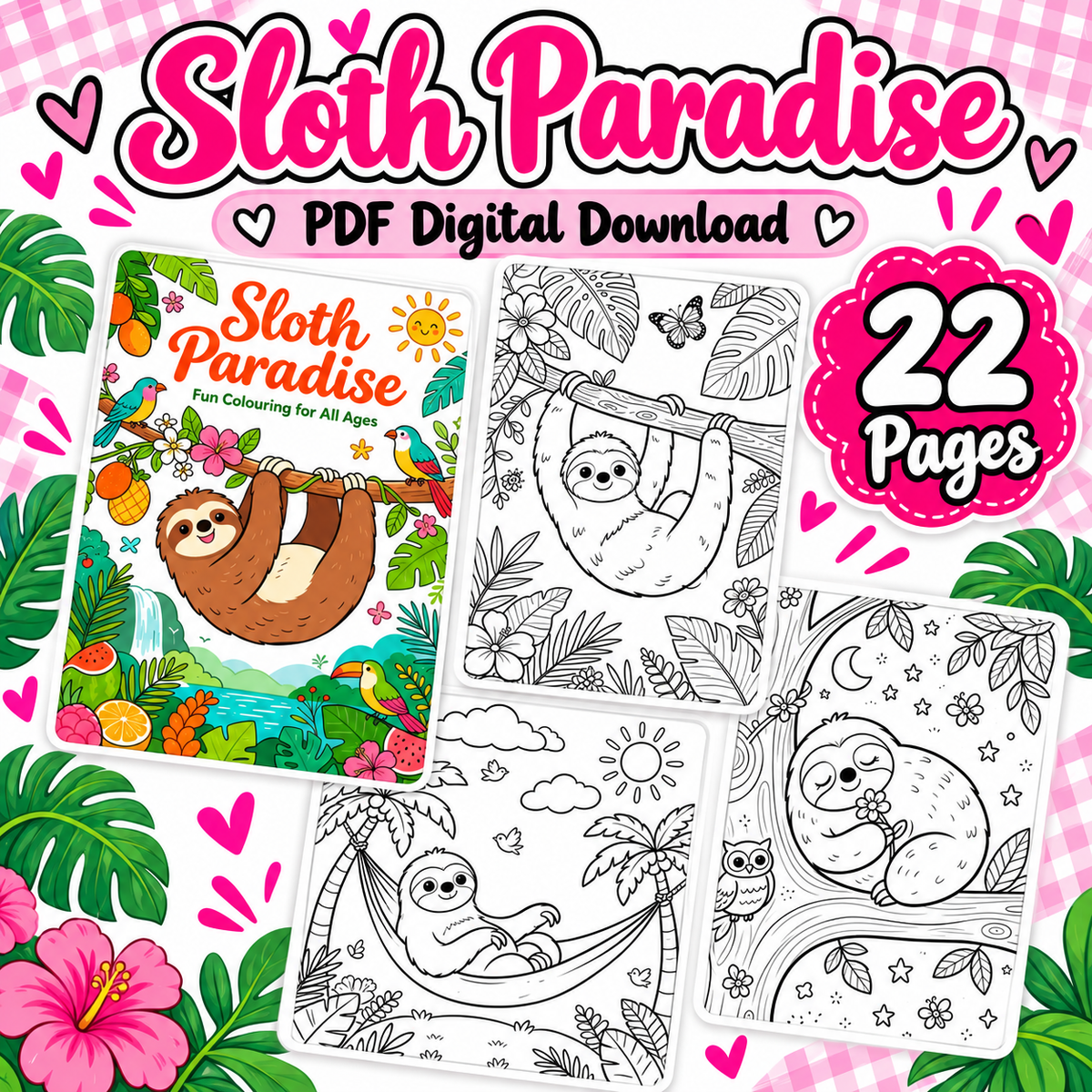 Sloth Paradise Colouring Book | 22 Page Printable PDF | Cute Sloth Colouring Pages | Instant Digital Download