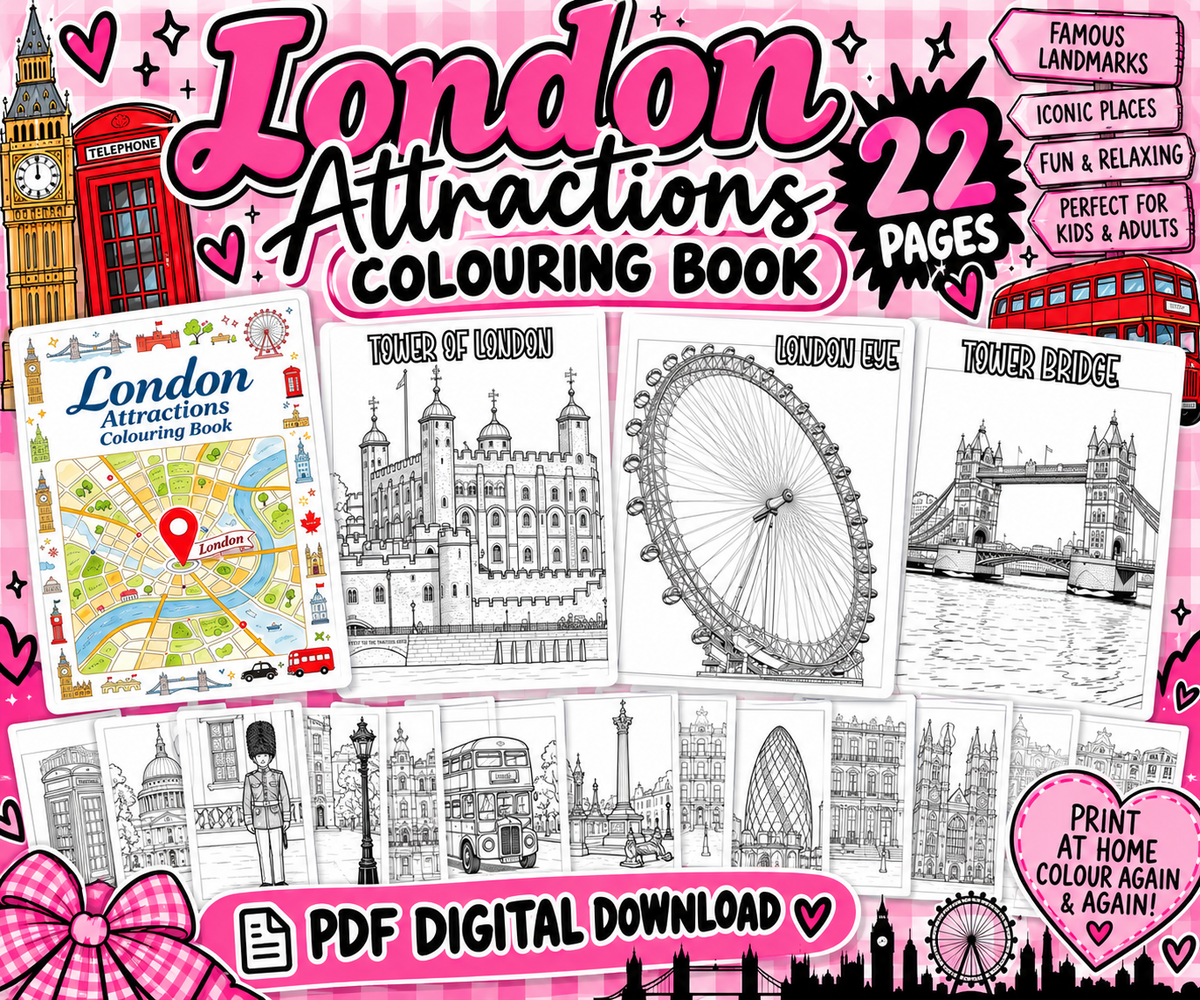 London Attractions Colouring Book | 22 Page Printable PDF | London Landmarks Colouring Pages | Kids & Adults Digital Download