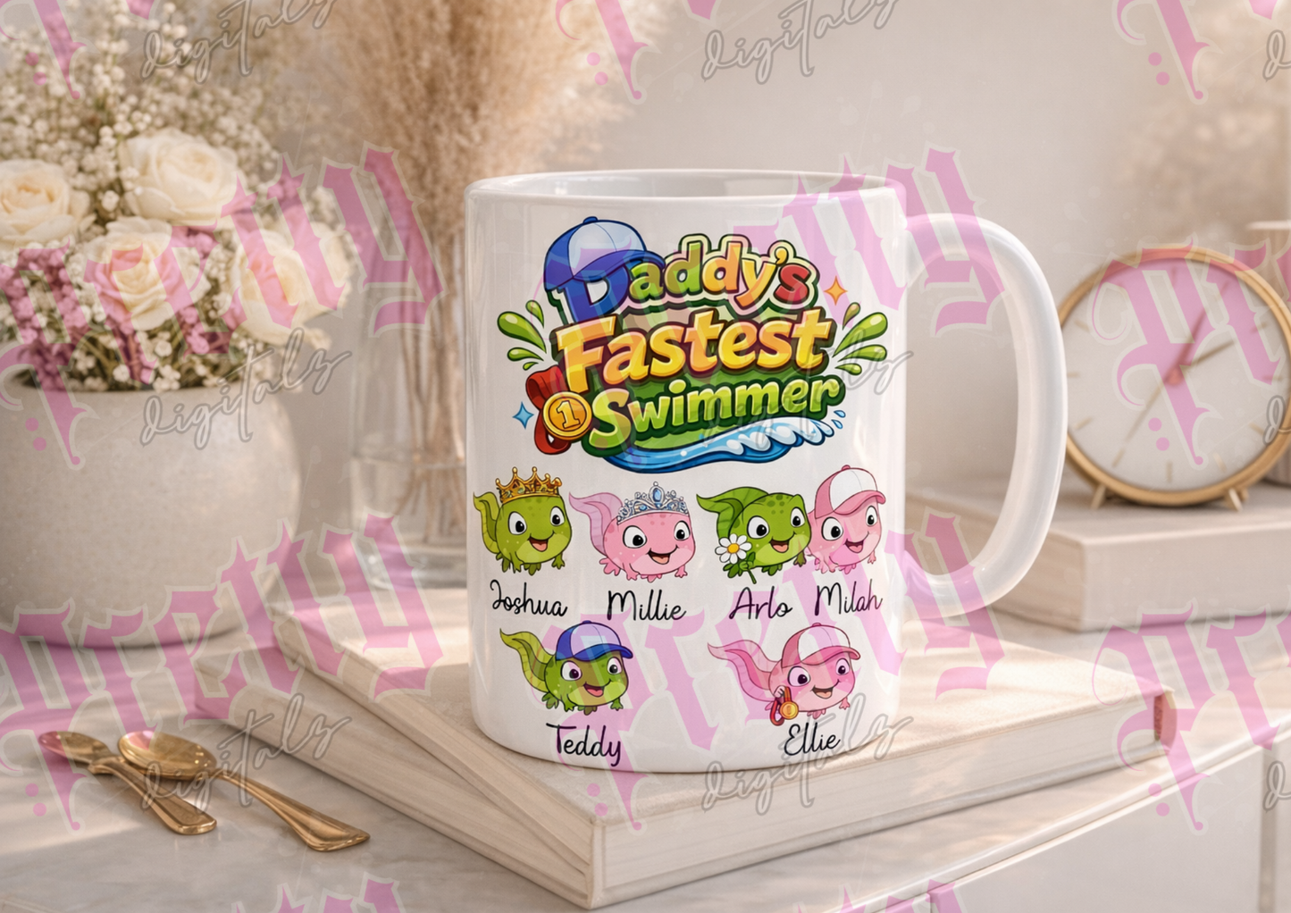 Daddy’s Fastest Swimmer Bundle – 4 Colour Title Styles + 9 Cute Tadpole Characters – Personalised Father’s Day PNG – Funny Baby Announcement – Digital Download