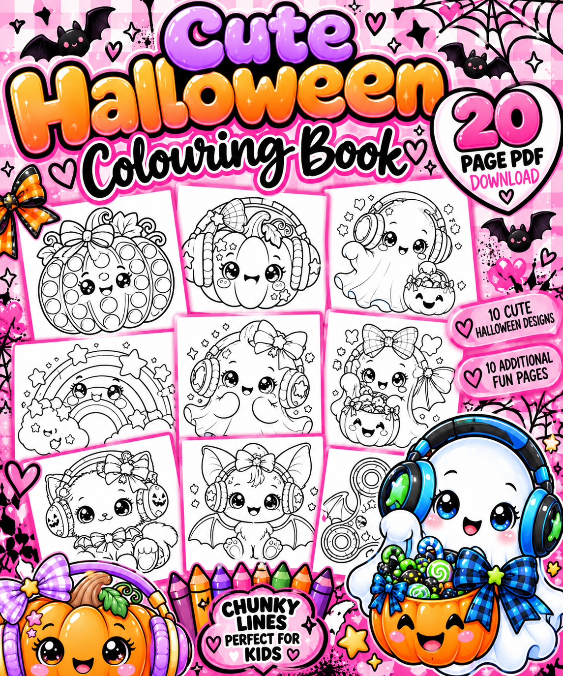 Cute Halloween Colouring Book for Kids | 20 Page Printable PDF | Chunky Line Halloween Activity Book | SEN Friendly Digital Download