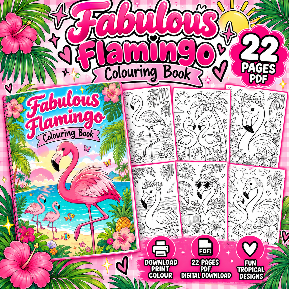 Fabulous Flamingo Colouring Book | 22 Page Printable PDF | Kids Tropical Colouring Digital Download