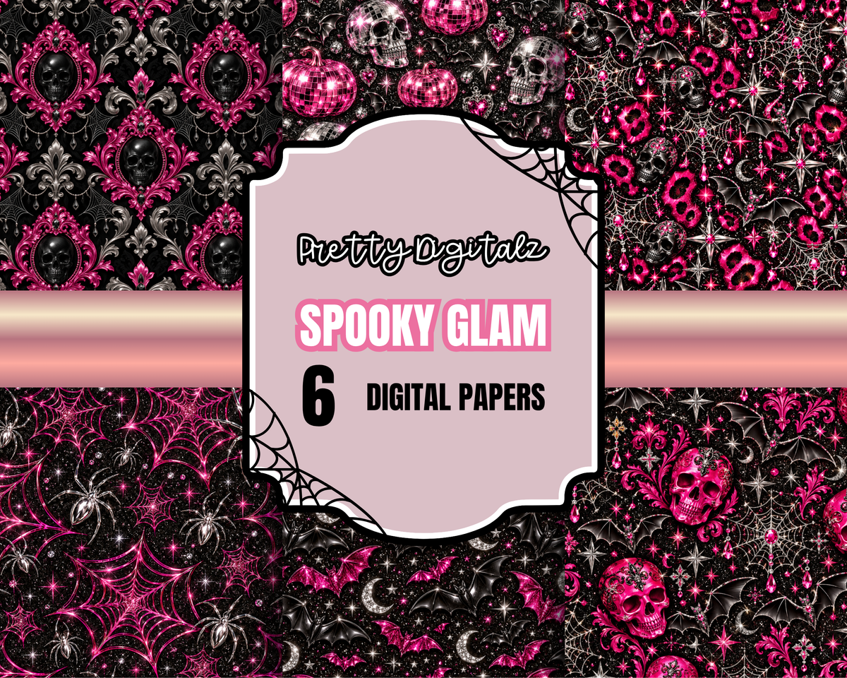 Spooky Glam Digital Papers | Set of 6 Gothic Halloween Seamless Patterns | Pink, Black & Silver
