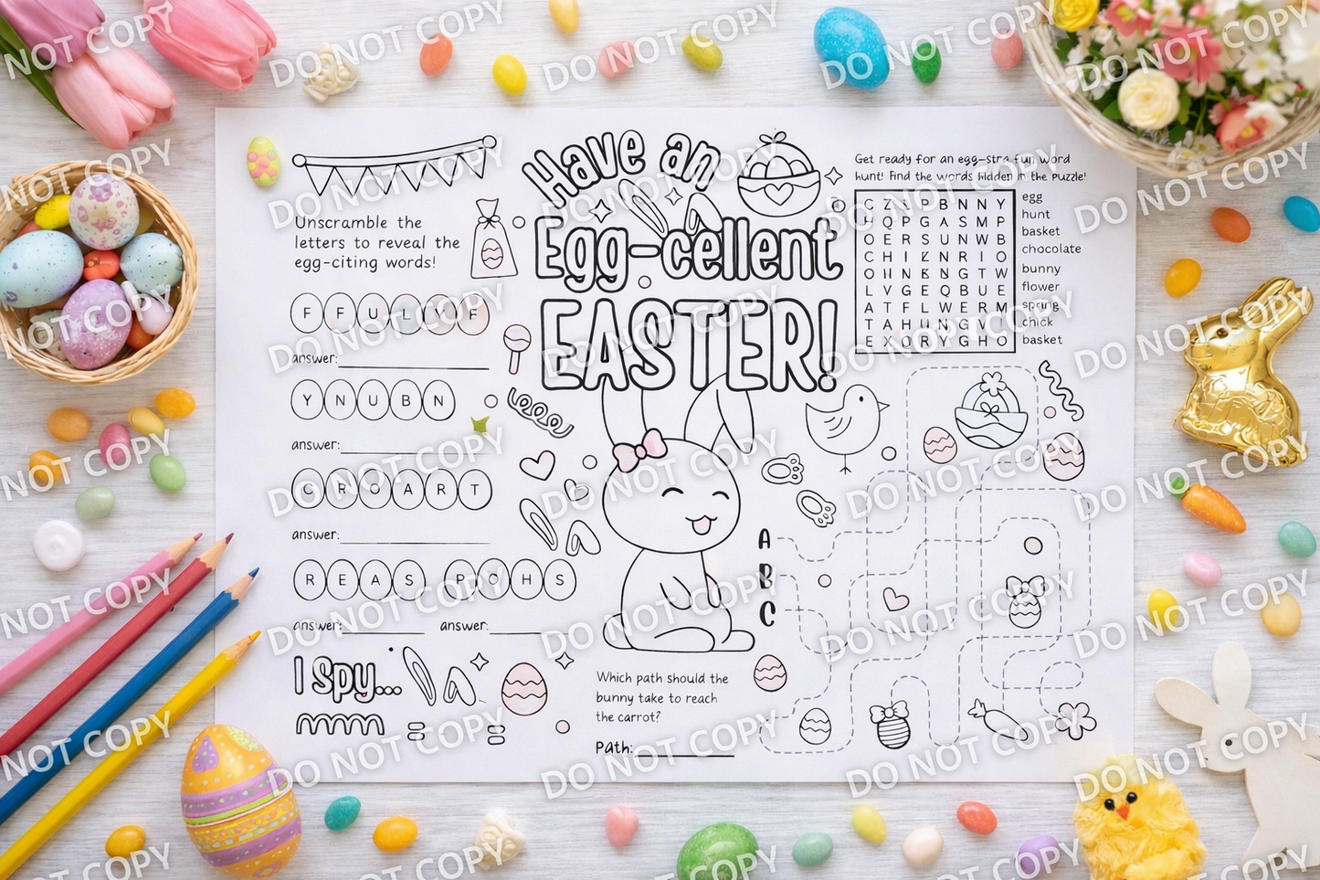 Easter Activity Sheet for Kids | Printable Easter Activity Page | Bunny Maze Word Search I Spy | Kids Easter Games | Classroom Easter Printable