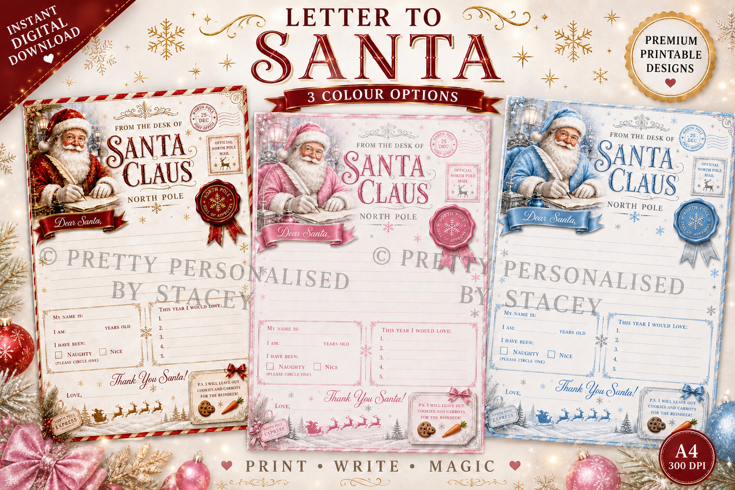 Personalised Children’s Christmas Bundle – Letter to Santa, Letter from Santa & Christmas Eve Treat Box | Ted Blue or Ted Pink
