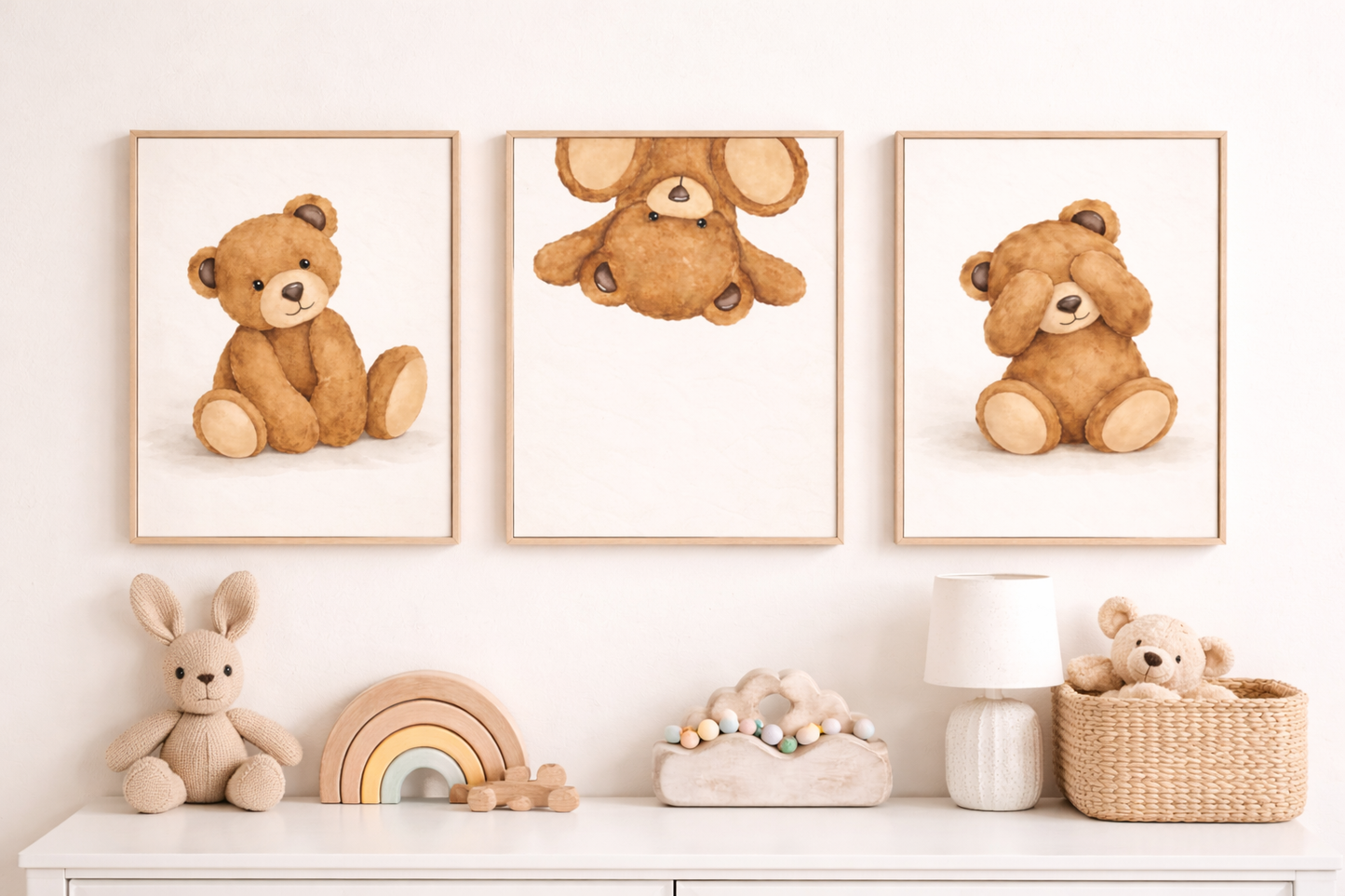 Teddy Bear Nursery Wall Art Set of 3 Printable | Neutral Teddy Nursery Prints | Scandinavian Baby Room Decor | Watercolour Teddy Bear Digital Download