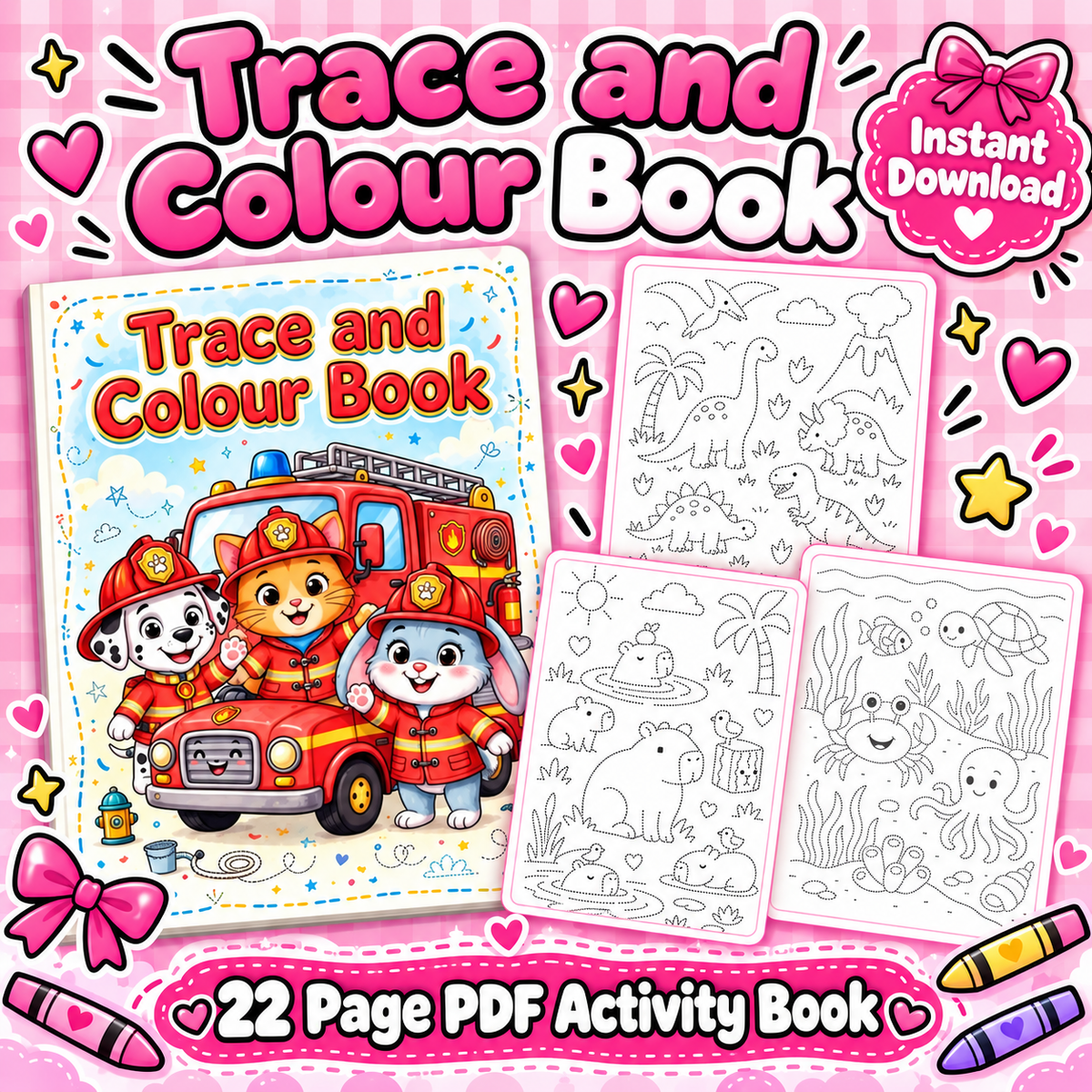 Trace and Colour Book | 22 Page Printable PDF Activity Book | Kids Tracing & Colouring Pages | Instant Download
