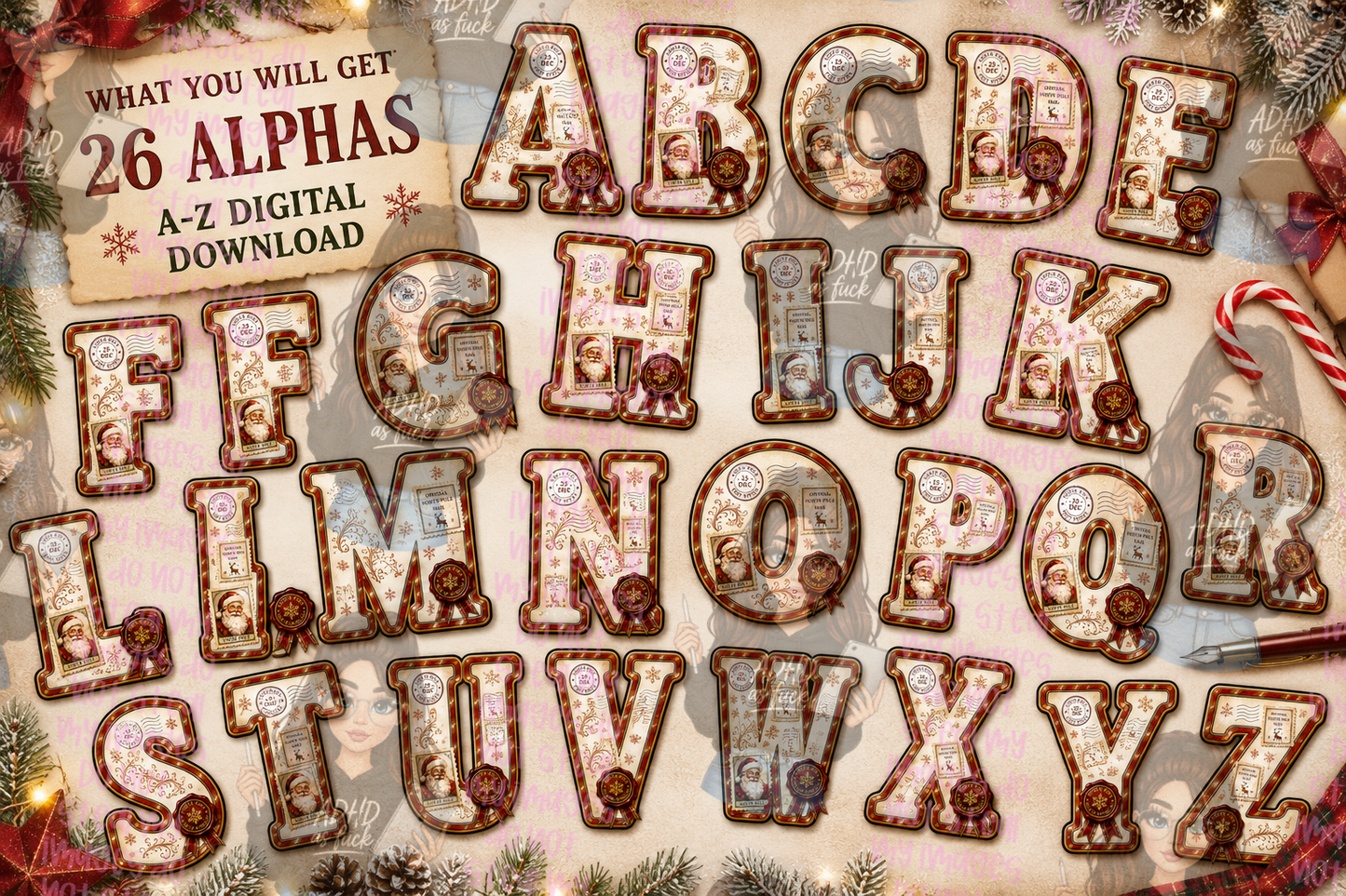 Christmas Vintage Postage Stamp Alphabet PNG Bundle | 26 A–Z Festive Alpha Letters | 300 DPI Sublimation Design | Instant Digital Download