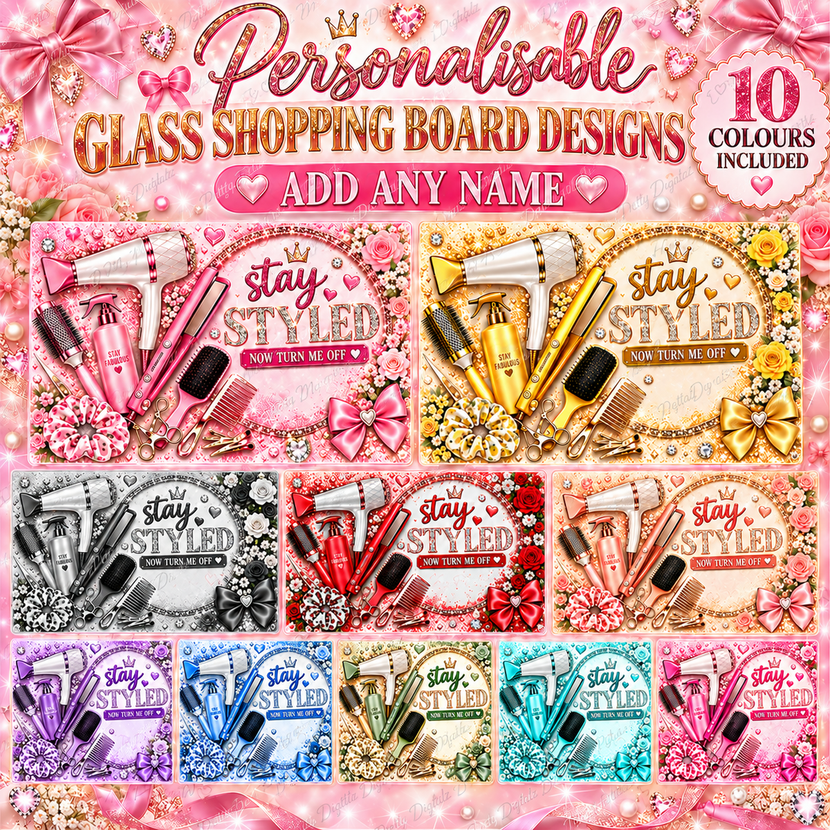 Personalised Hair Styling Glass Board Designs | 10 Colours | Sublimation PNG Bundle