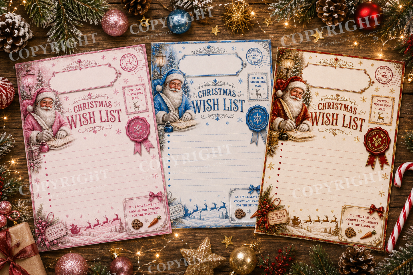 Christmas Wish List Printable Bundle | Set of 3 A4 Santa Wish Lists | Pink, Blue & Red Christmas Digital Download | Personalised Name Space | Instant PNG