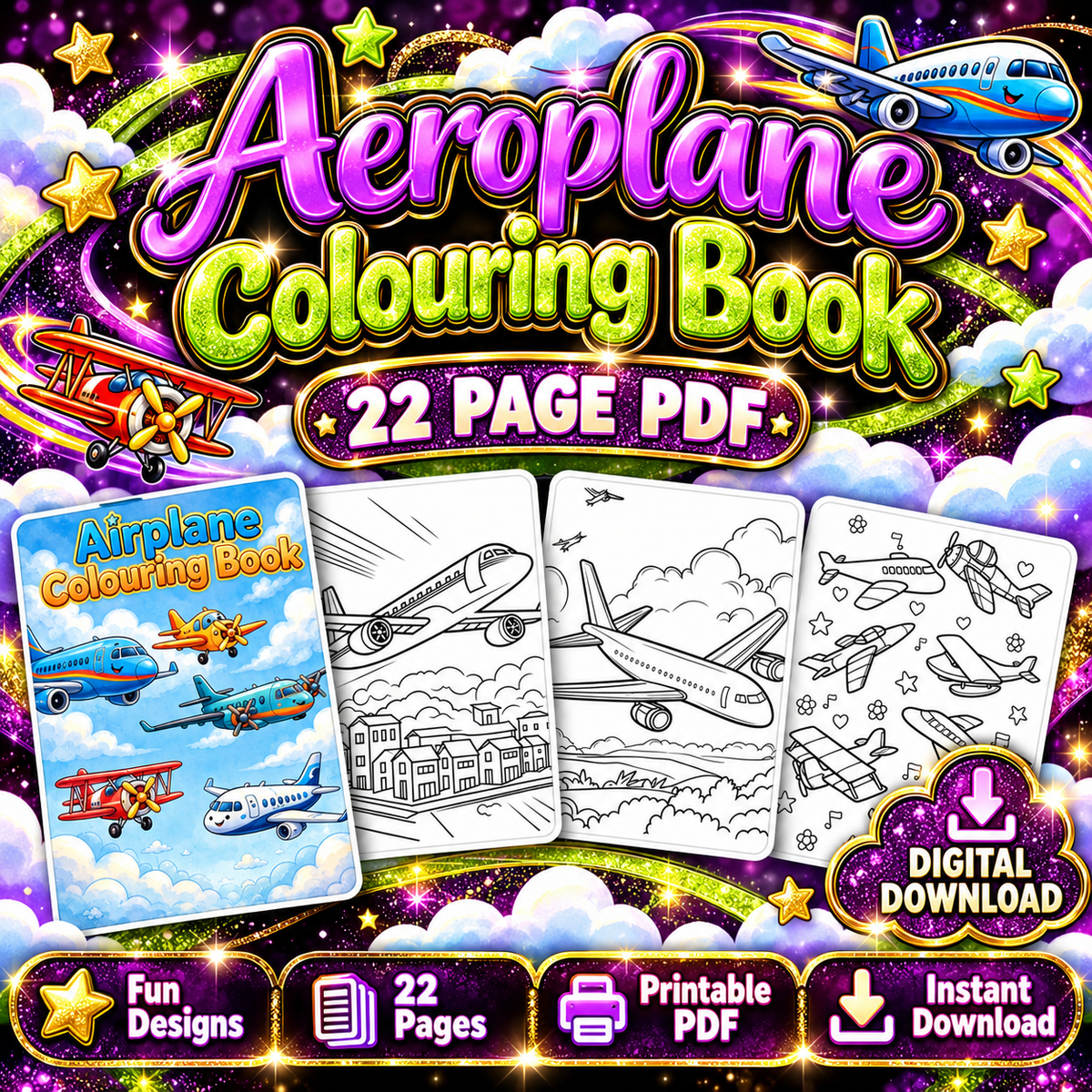 Aeroplane Colouring Book PDF | 22 Page Printable Kids Colouring Book | Digital Download