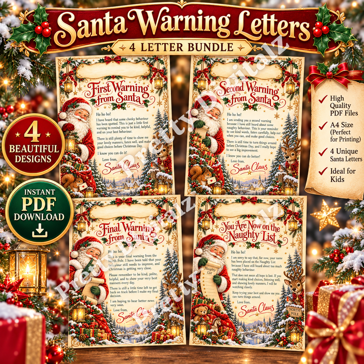 Santa Warning Letters Bundle | 4 Luxury Christmas Letters | A4 Printable PDF Download