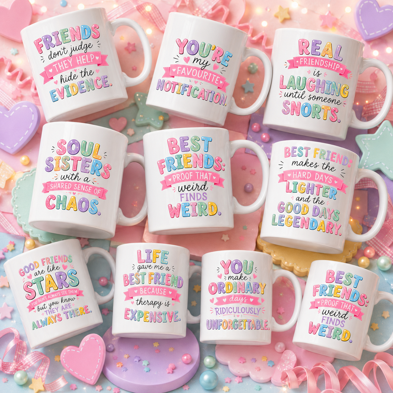 Friends Mug PNG Bundle | 10 Funny Friendship Mug Wrap Designs | 11oz Sublimation PNG Digital Download | Bestie Gift | Colourful Pastel Mug Designs