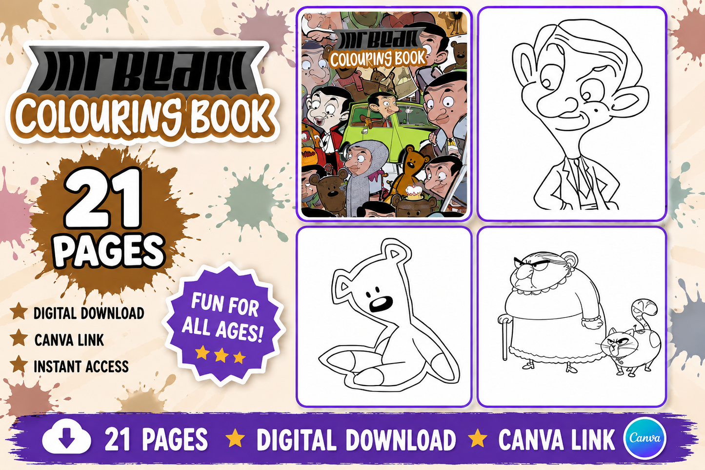 Bean Inspired Colouring Book Digital Download | 21 Printable Colouring Pages for Kids & Adults | Instant Canva Link | Funny Activity Book