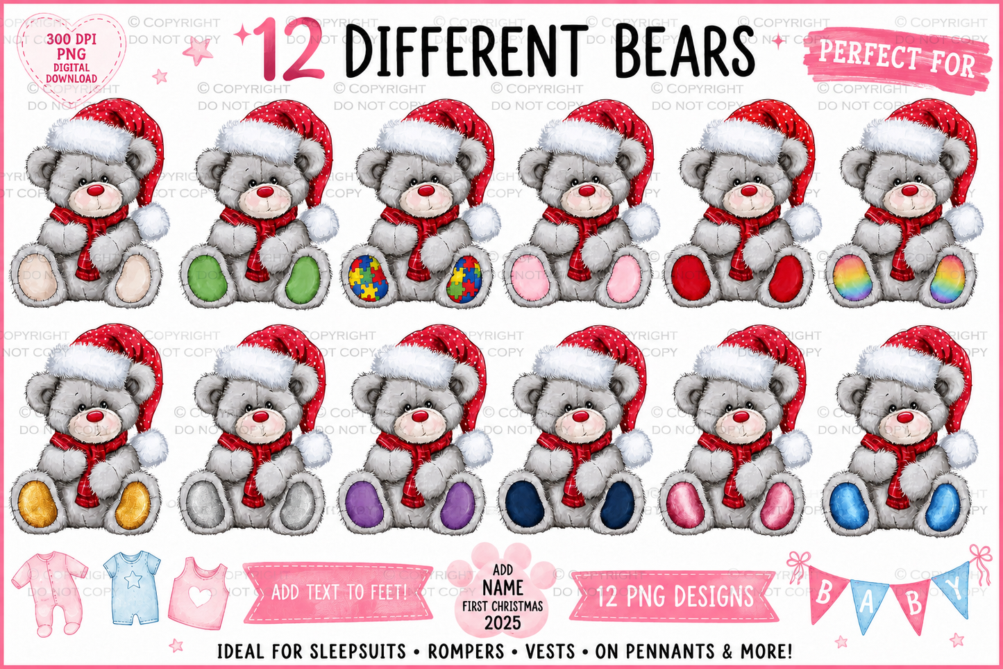 12 Christmas Teddy Bear PNG Bundle | Personalised Foot Pad Designs | Baby Sleepsuit, Romper & Vest Sublimation | 300 DPI Digital Download