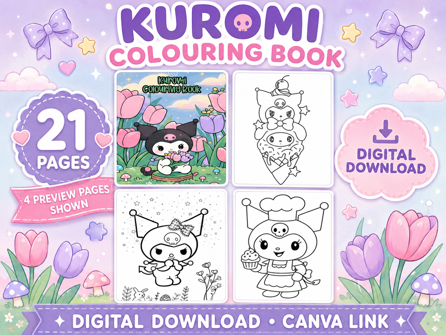 Kuromi Inspired Colouring Book Digital Download | 21 Printable Colouring Pages | Cute Kids Activity Book | Instant Canva Link