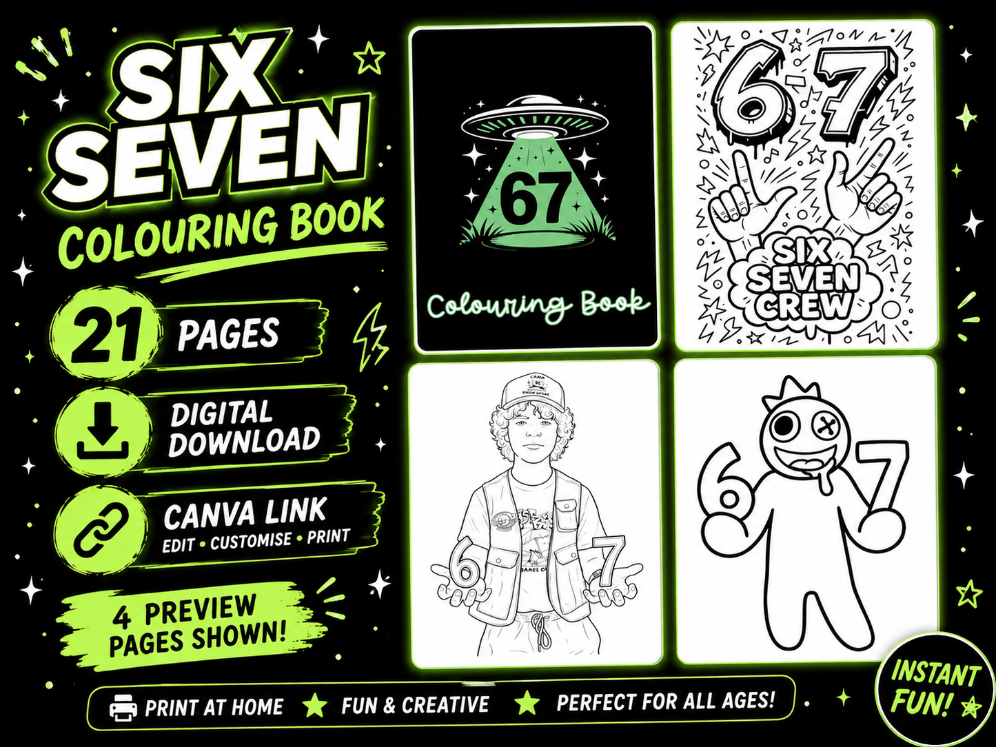 Six Seven Colouring Book Digital Download | 21 Printable 67 Colouring Pages | Viral Trend Activity Book | Instant Canva Link
