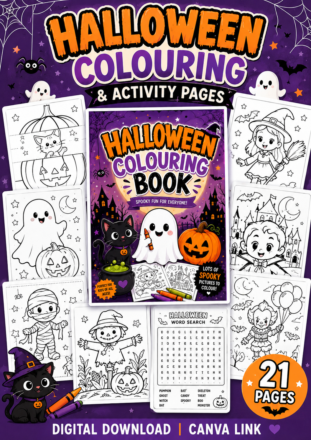 Halloween Colouring & Activity Book Digital Download | 21 Printable Kids Halloween Pages | Spooky Colouring Activities | Canva Link