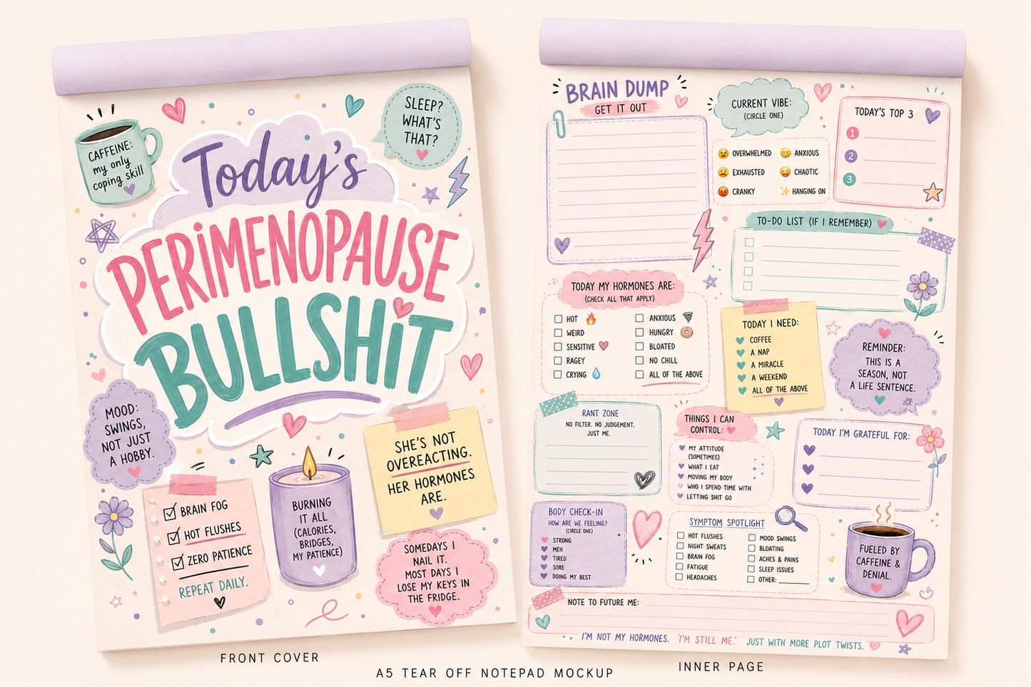 5 x Funny Menopause & Perimenopause A5 Notepad Bundle | Sweary Brain Dump Pads | Printable PDF Planner Pages | Instant Digital Download