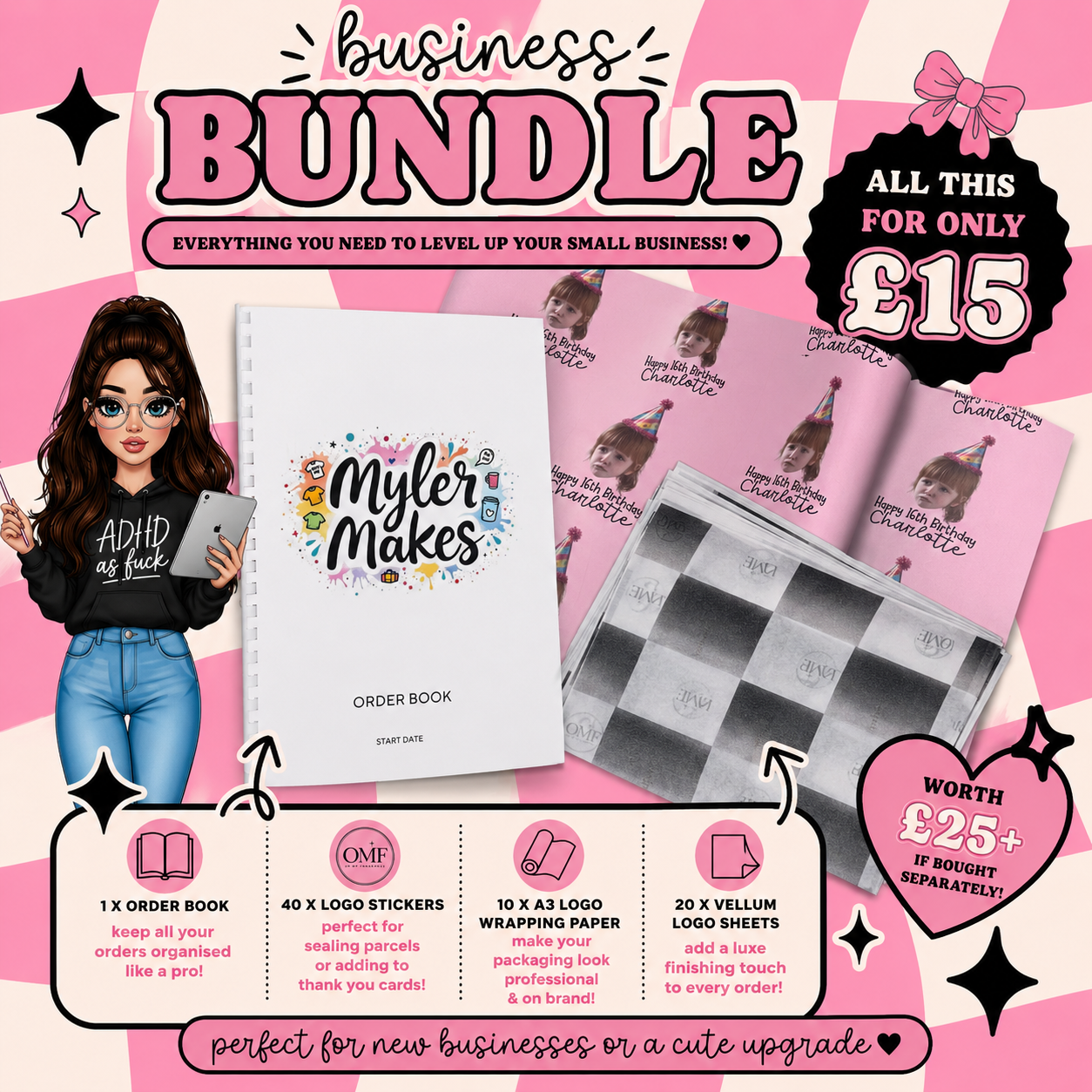 Small Business Branding Bundle | Order Book, Logo Stickers, Wrapping Paper & Vellum Sheets | Pretty Personalised by Stacey
