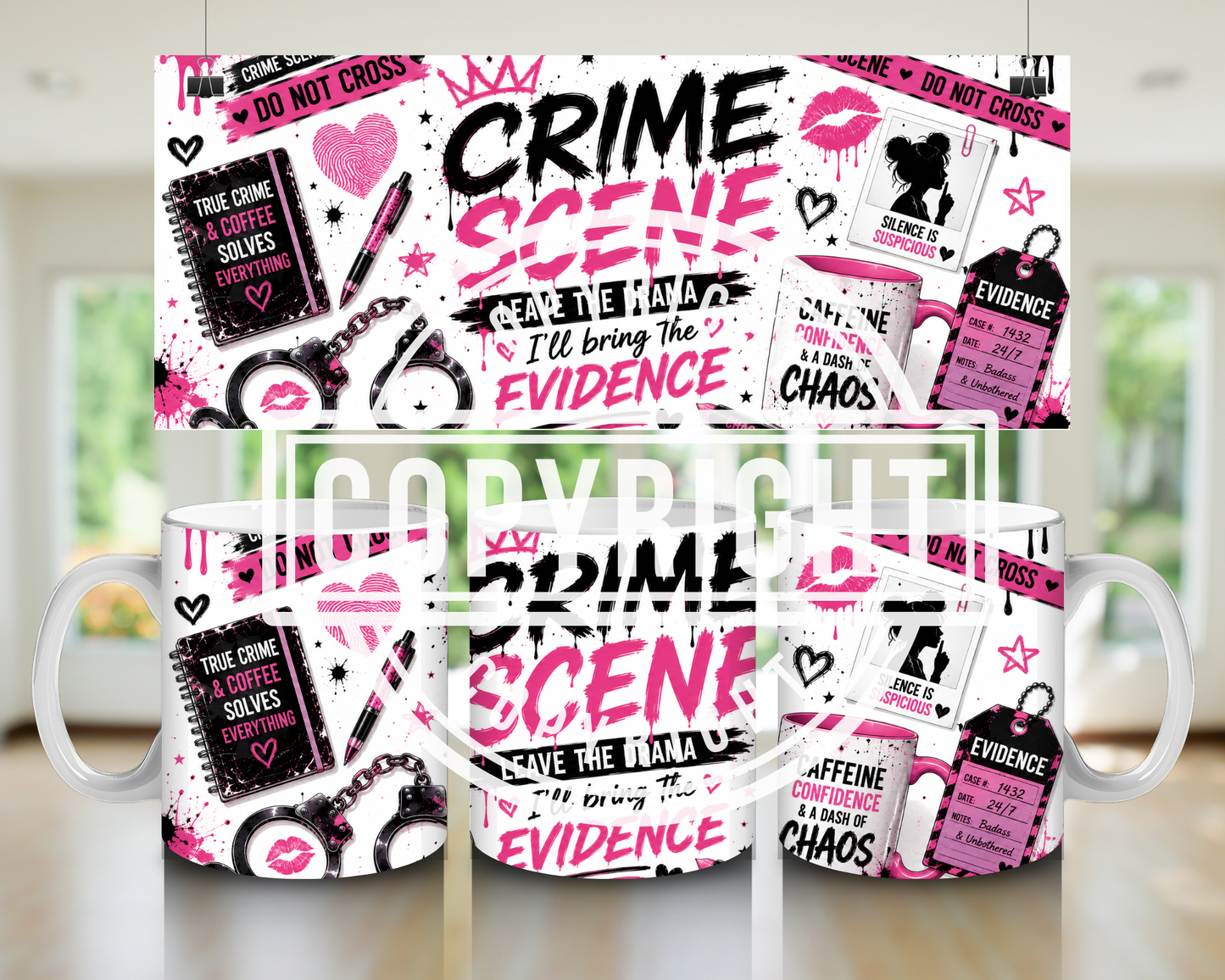 Pink & Black Crime Scene Mug Wrap Bundle | True Crime Sublimation PNG Designs | 11oz Mug Wraps | Girly Crime Digital Download
