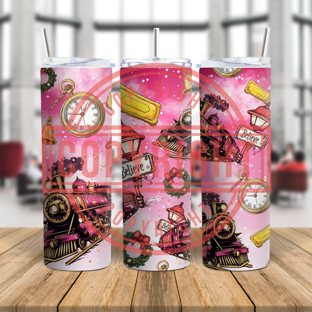 Pink North Pole Express Train Tumbler Wrap PNG | Christmas Believe Design | 20oz Skinny Tumbler Sublimation Digital Download
