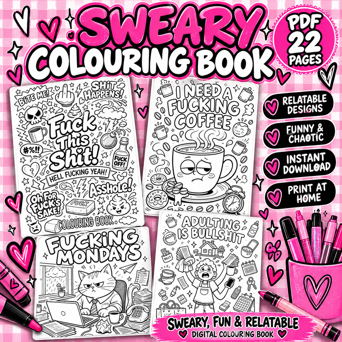 Sweary Adult Colouring Book | 22 Page Printable PDF | Funny Stress Relief Colouring Pages | Instant Digital Download