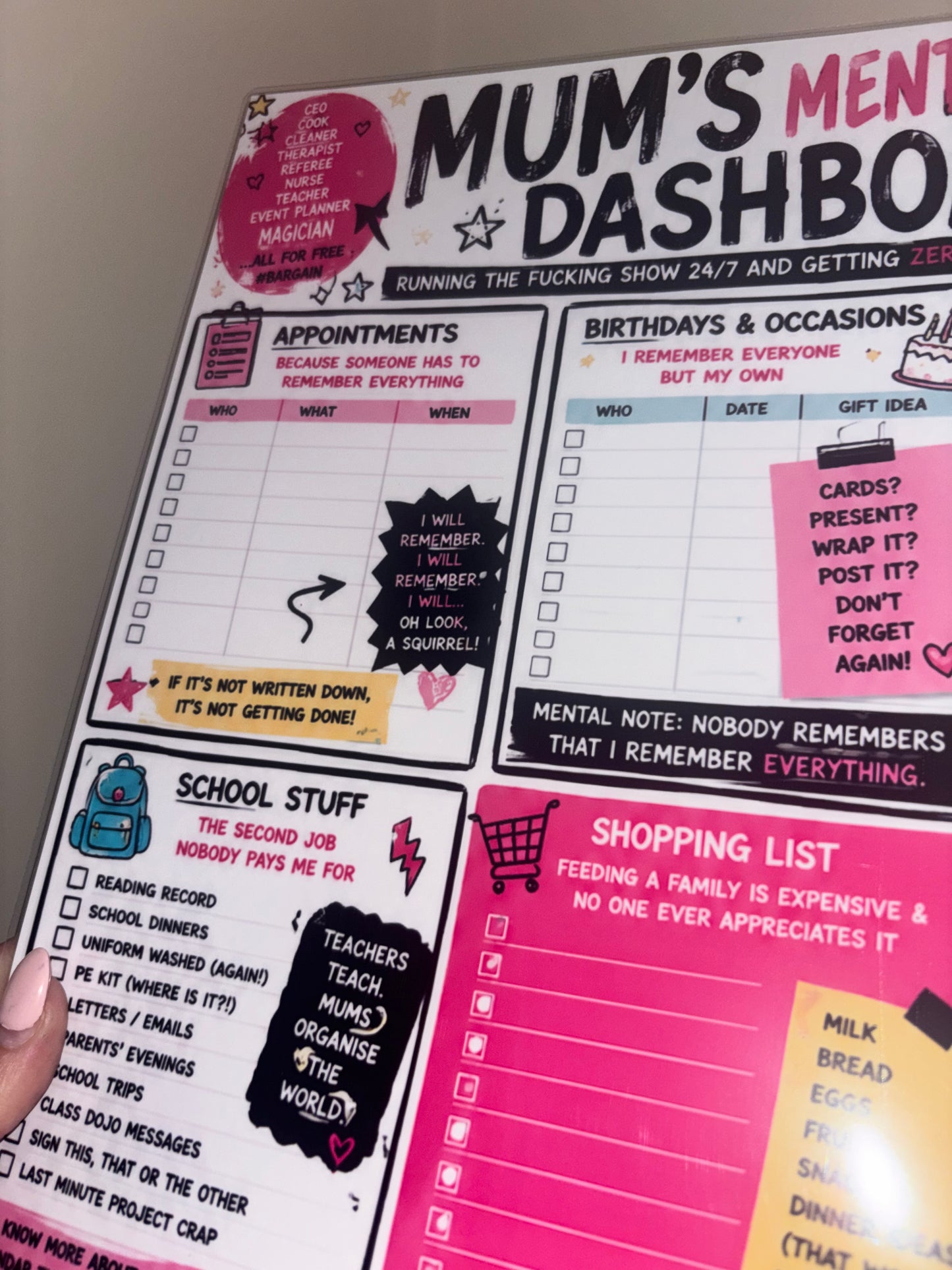 Mum’s Mental Load Dashboard” | A3 Laminated Family Organiser | Funny ADHD Mum Planner | Sweary Household Command Centre | Dry Wipe Reusable Board