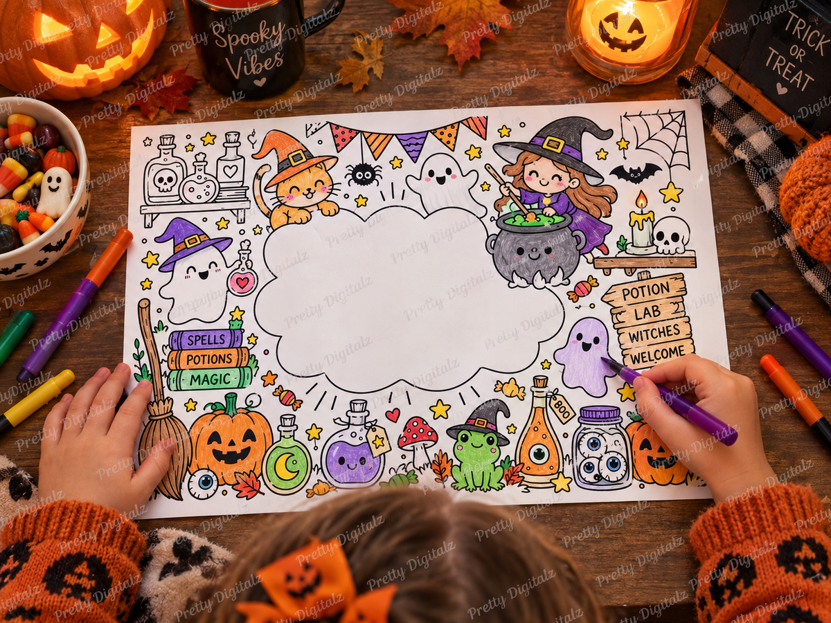Personalised Halloween Colouring Mats | 10 A4 Halloween Activity Sheets | Add Any Name | Printable Digital Download