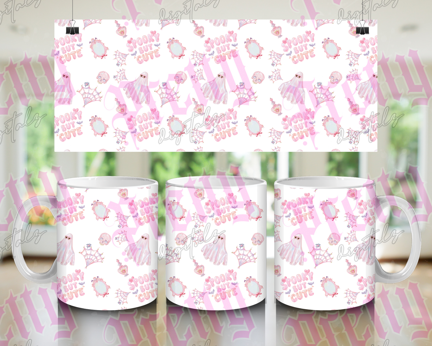 Pink Halloween Mug Wrap Bundle | Set of 4 Cute Spooky PNG Designs | 11oz Sublimation Mug Wraps | Ghost, Pumpkin, Witch & Black Cat | Instant Digital Download