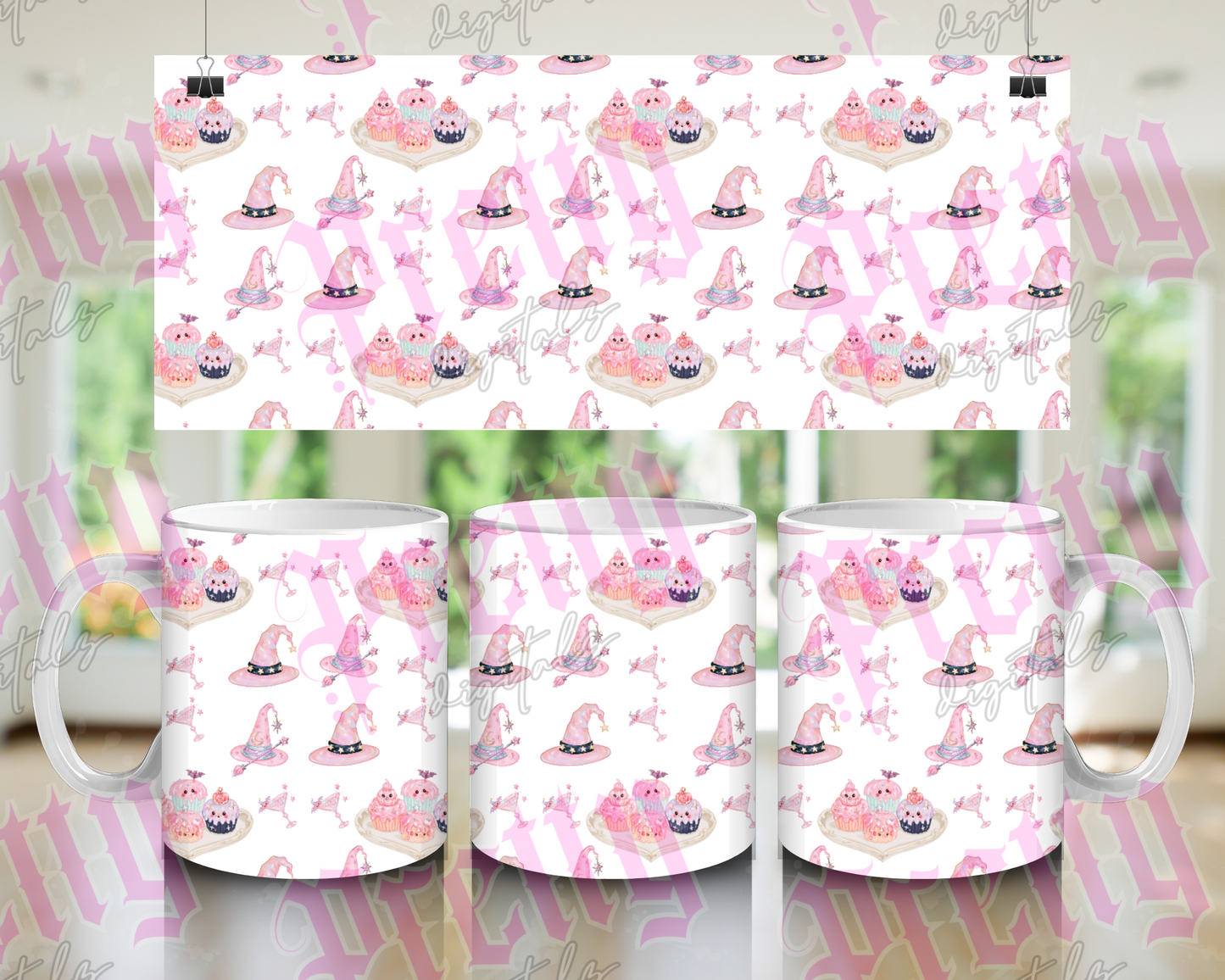 Pink Halloween Mug Wrap Bundle | Set of 4 Cute Spooky PNG Designs | 11oz Sublimation Mug Wraps | Ghost, Pumpkin, Witch & Black Cat | Instant Digital Download