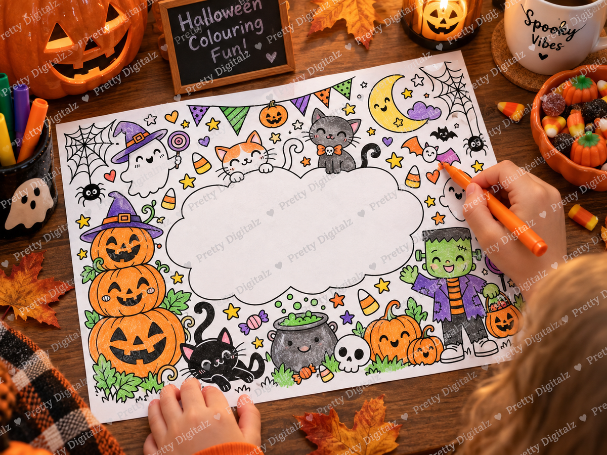 Personalised Halloween Colouring Mats | 10 A4 Halloween Activity Sheets | Add Any Name | Printable Digital Download