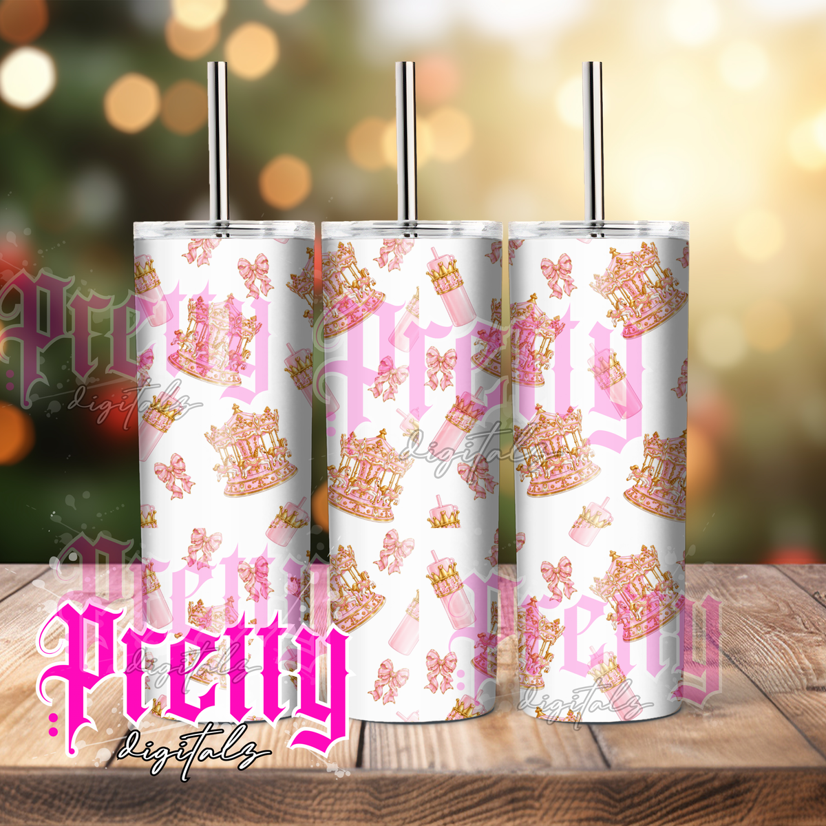 🎠 Pink Christmas Carousel Tumbler Wrap PNG | Coquette Christmas 20oz Skinny Tumbler Design